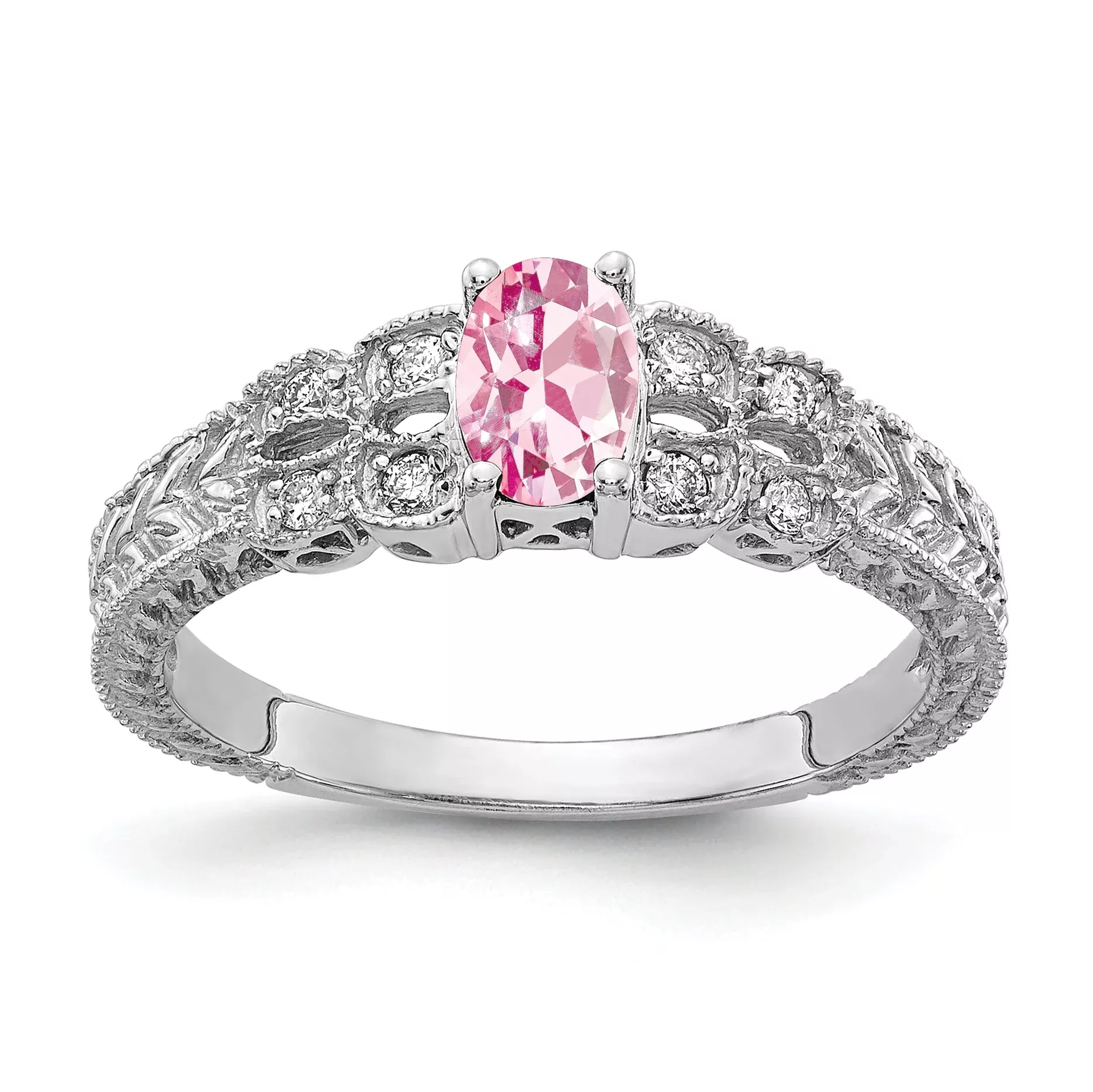 Solid 14k White Gold 6x4mm Oval Simulated Pink Tourmaline AA CZ Ring