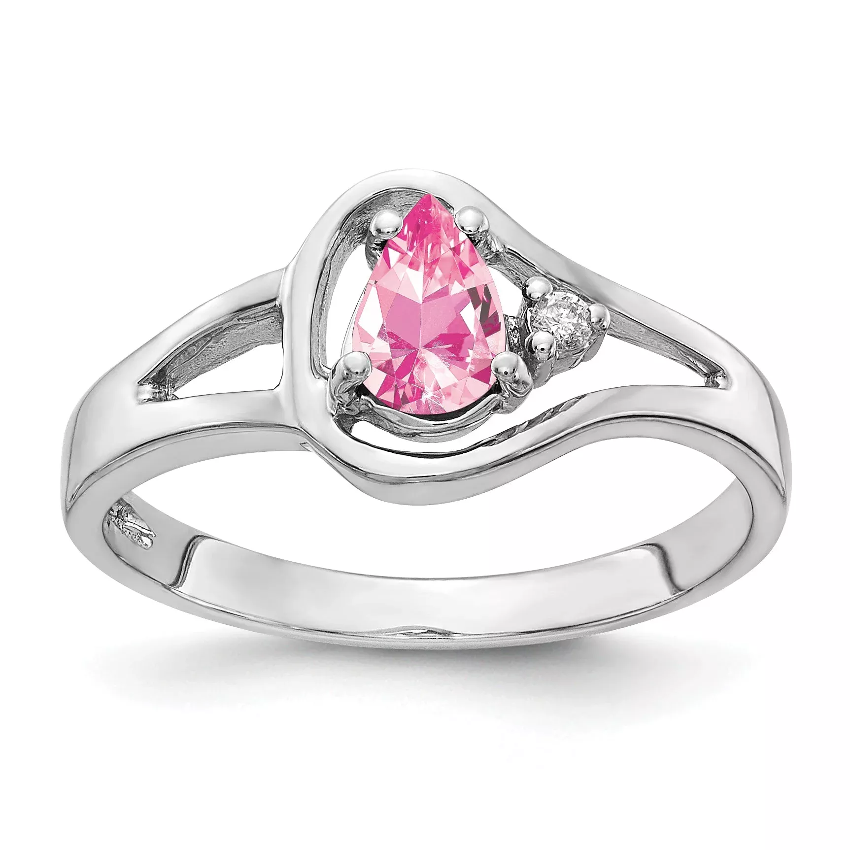 Solid 14k White Gold 6x4mm Pear Simulated Pink Tourmaline VS CZ Ring