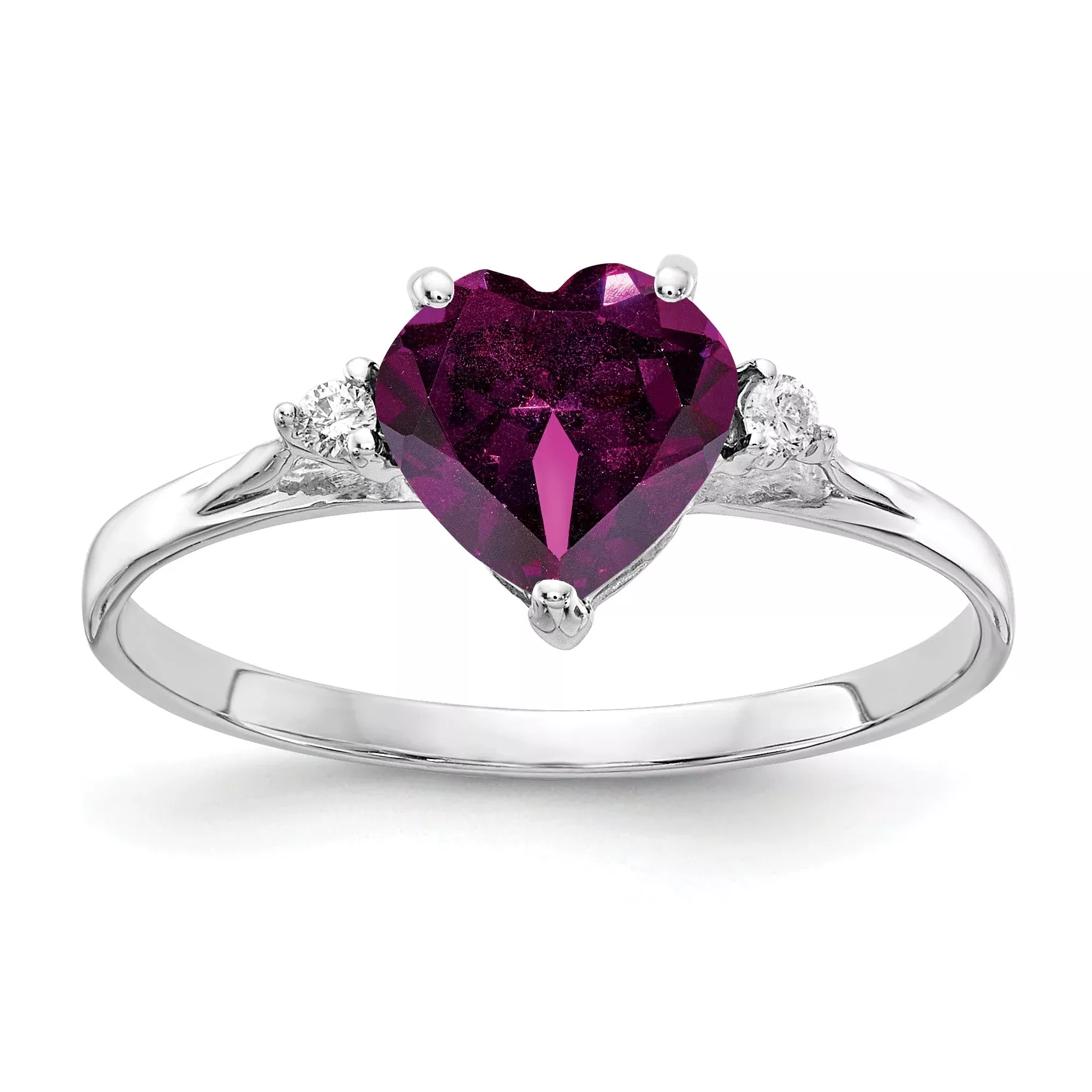 Solid 14k White Gold 7mm Heart Rhodolite Simulated Garnet AAA CZ Ring