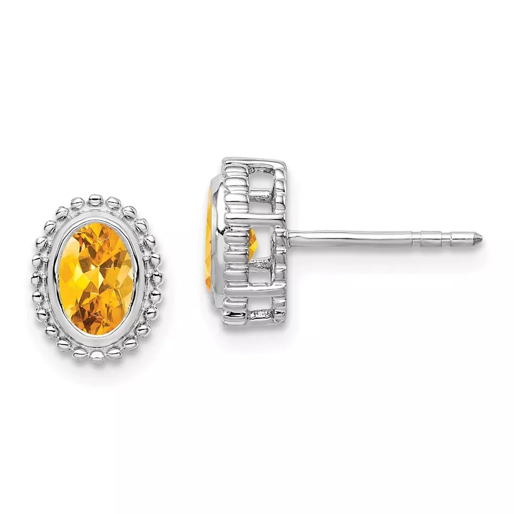 Solid 14k White Gold Oval Simulated Citrine Post Earrings