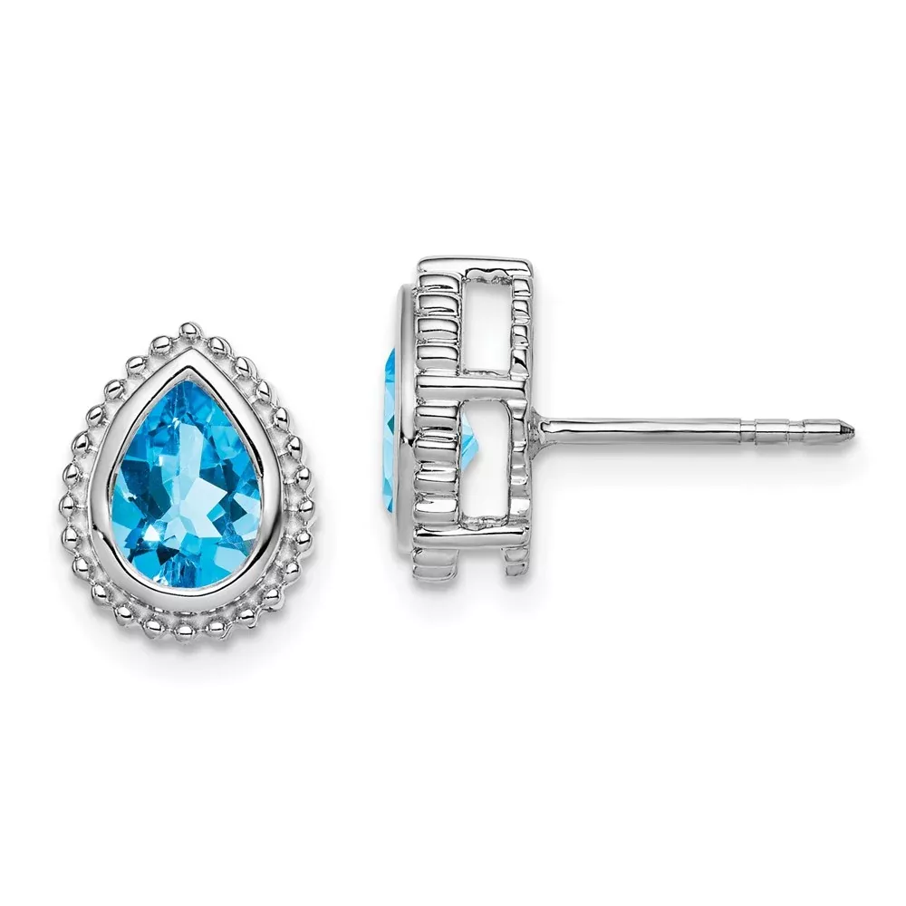 Solid 14k White Gold Pear Simulated Blue Topaz Post Earrings