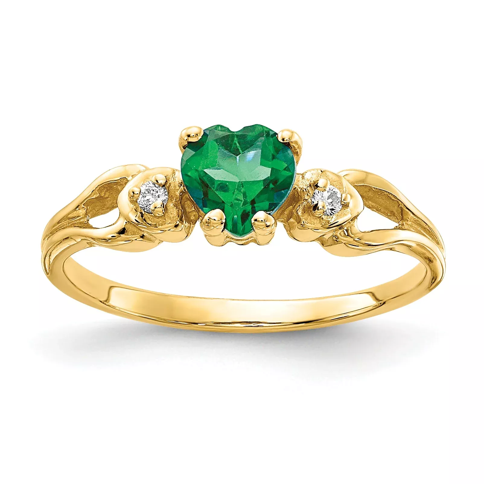 Solid 14k Yellow Gold 5mm Heart Simulated Emerald AA CZ Ring