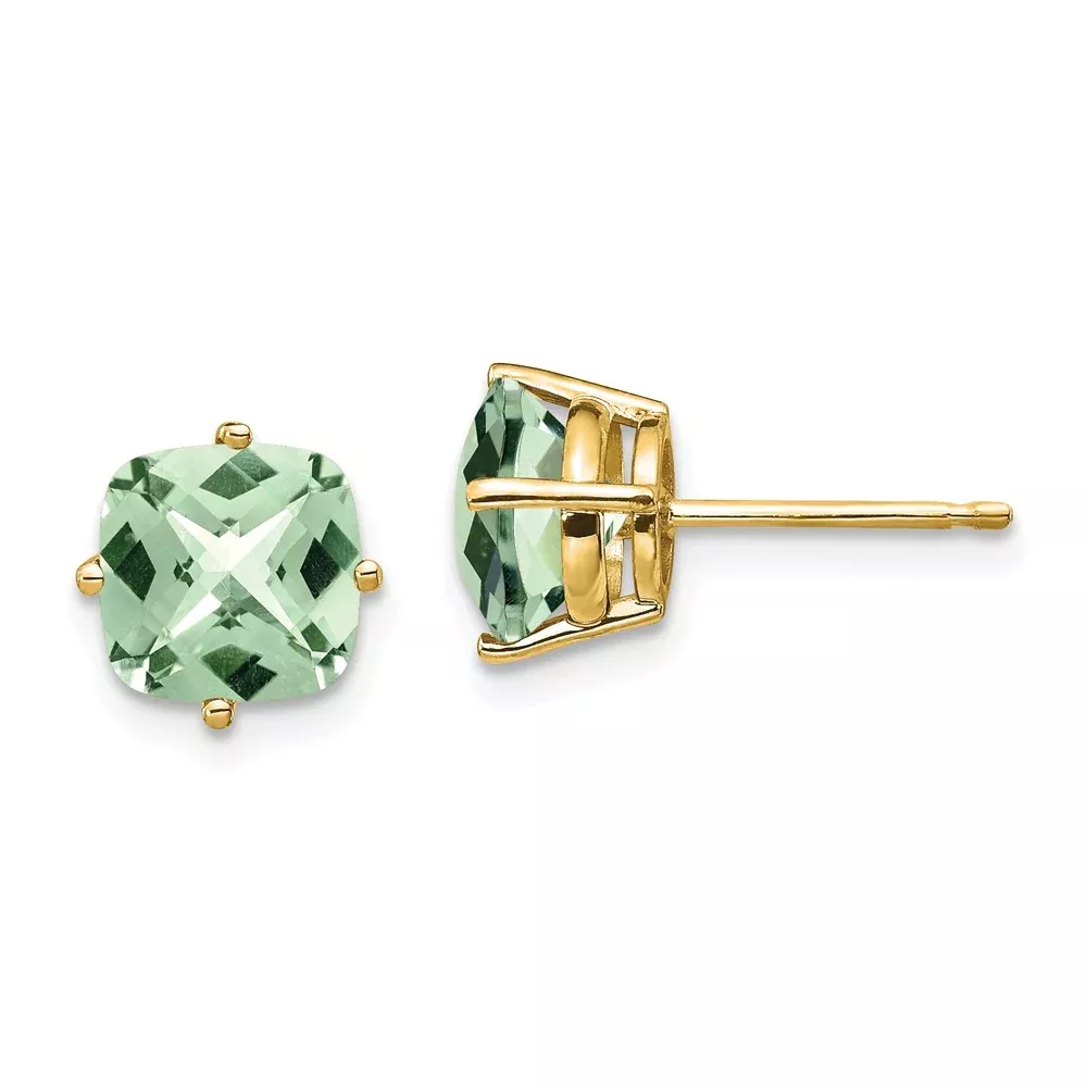 Solid 14k Yellow Gold 7mm Cushion ChecKer-Cut Green Quartz Earring