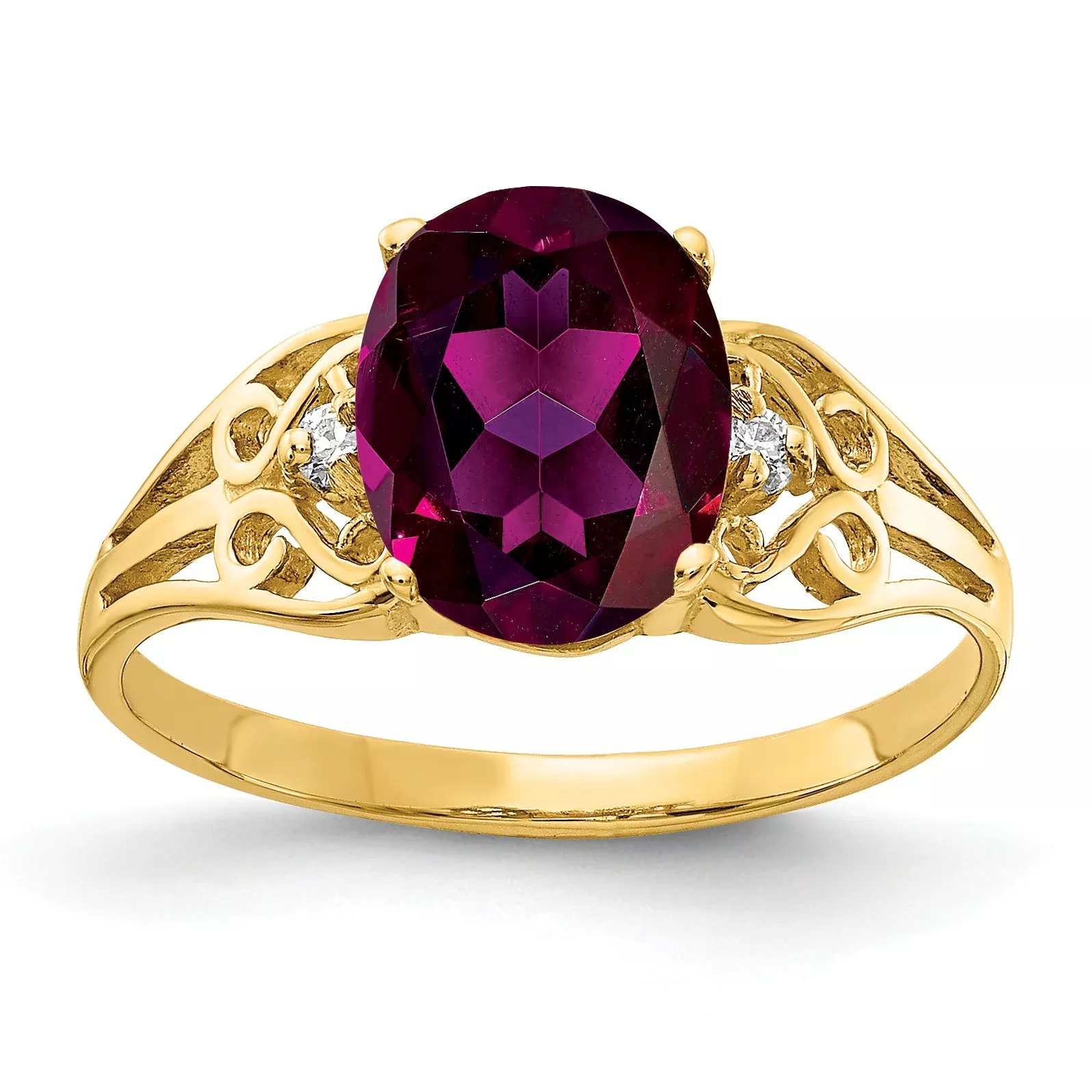 Solid 14k Yellow Gold 9x7mm Oval Rhodolite Simulated Garnet A CZ Ring