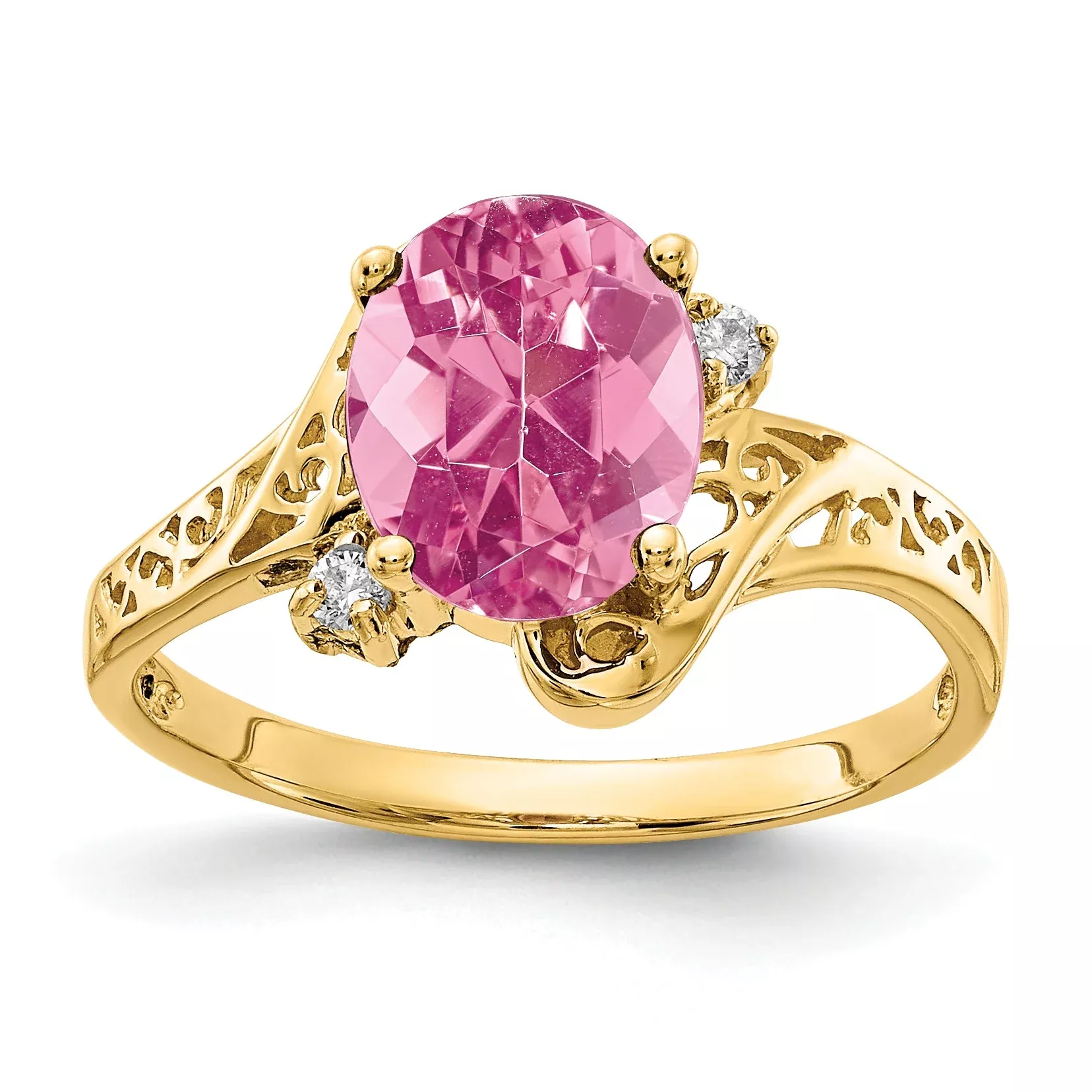 Solid 14k Yellow Gold 9x7mm Oval Simulated Pink Tourmaline VS CZ Ring