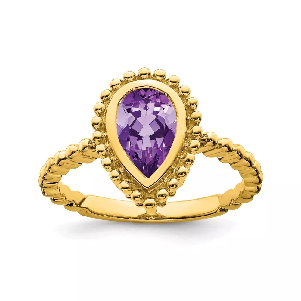 Solid 14k Yellow Gold Pear Simulated Amethyst Ring