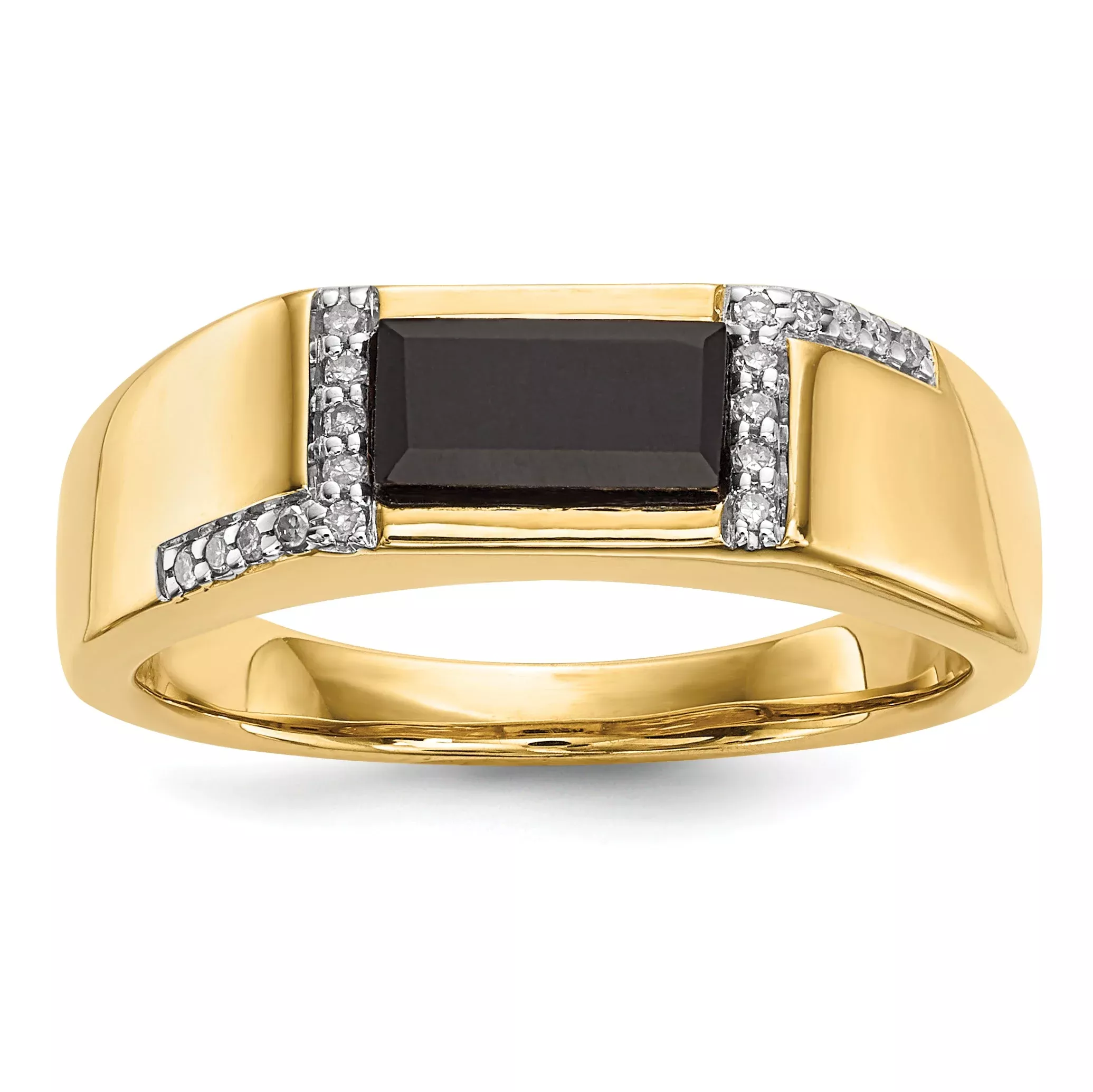 Solid 14k Yellow Gold Simulated Onyx and CZ Mens Ring