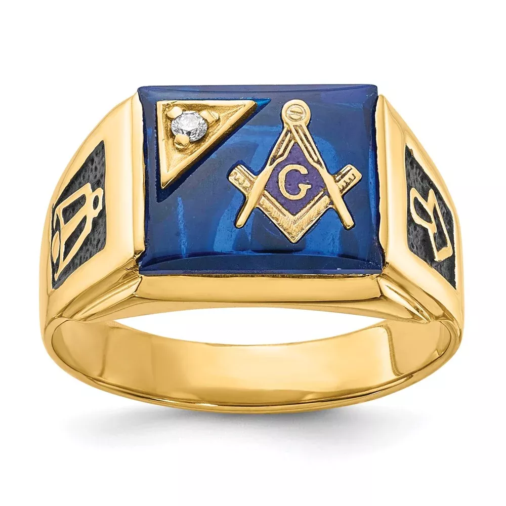Solid 14k Yellow Gold VS Simulated CZ Men's Masonic Ring