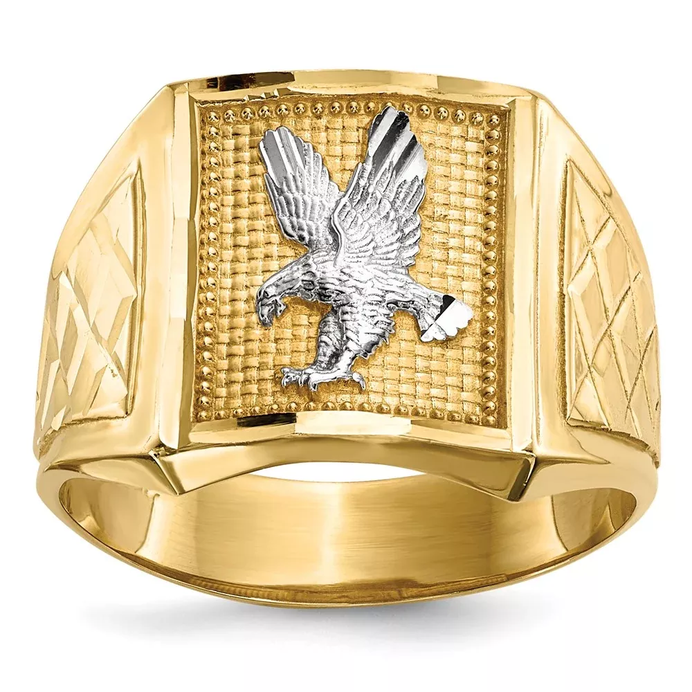Solid Masculine 14K Yellow Gold w /Rhodium Diamond-cut Eagle Men's Ring