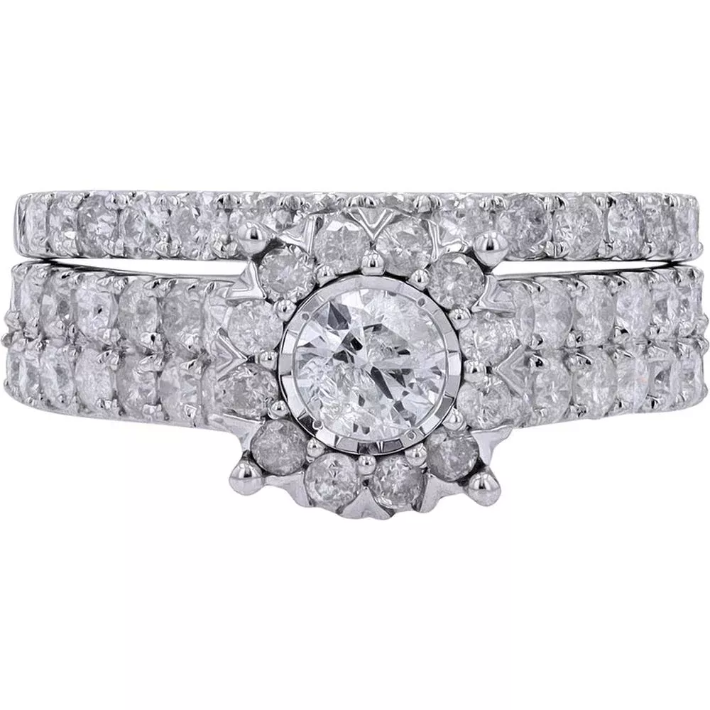 Sparkling 14K White Gold Diamond Halo Bridal Set - 2.04 Carat Total Weight