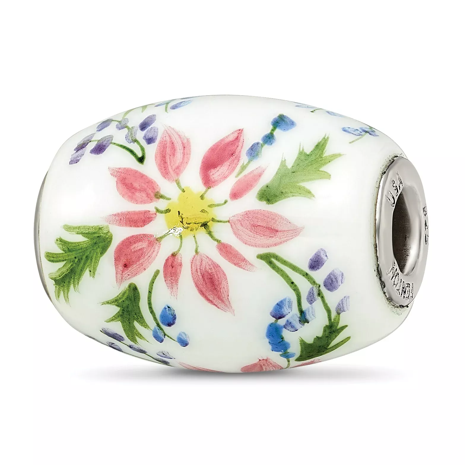 Ster.Silver Reflections Hand Paint Berries & Blossoms Fenton Glass Bead