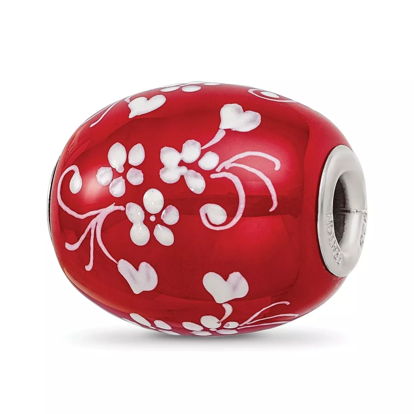 Ster.Silver Reflections Red Hand Painted Floral Hearts Fenton Glass Bead