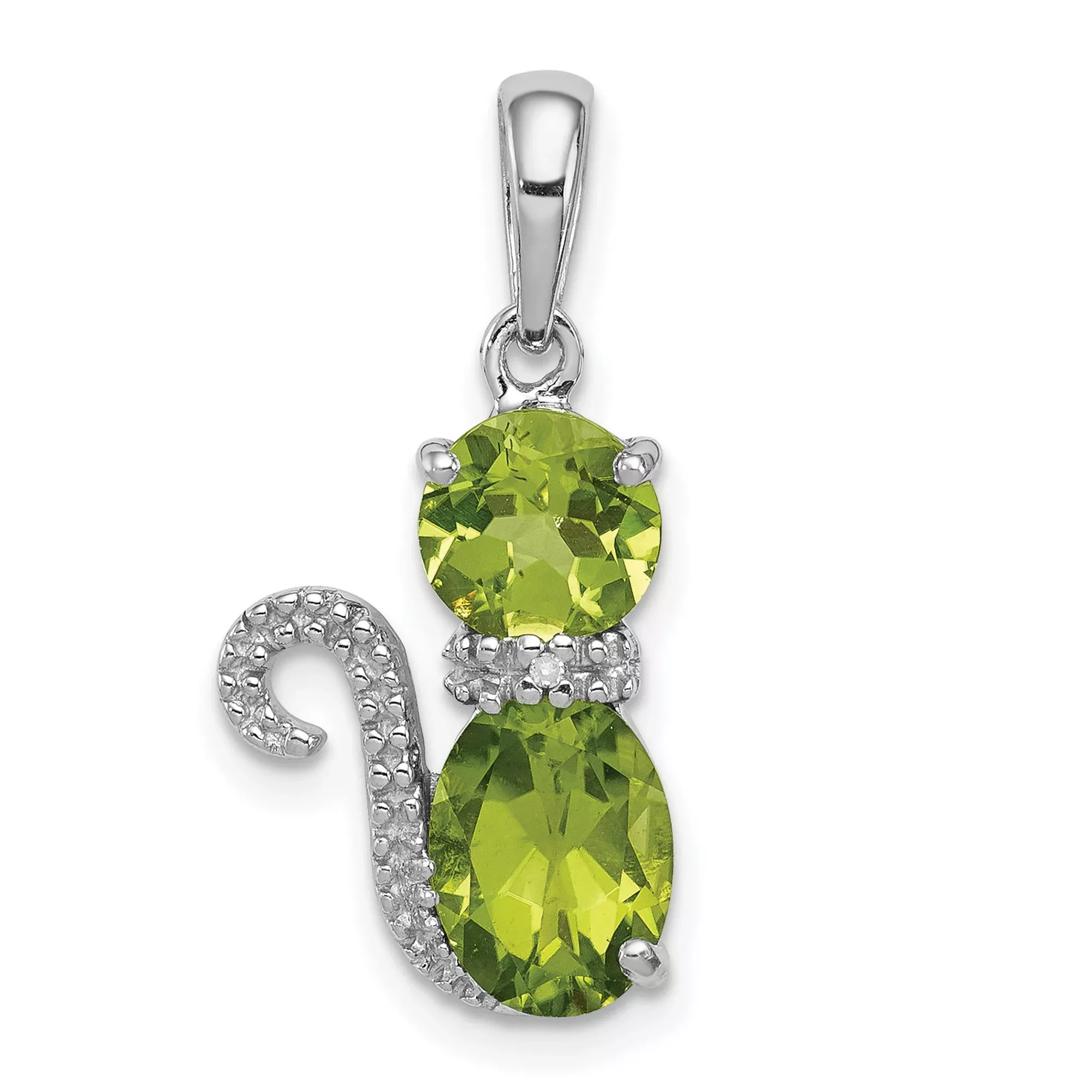 Sterling Silver Cat Pendant with Peridot, Textured Tail, Whimsical Animal Design for Women