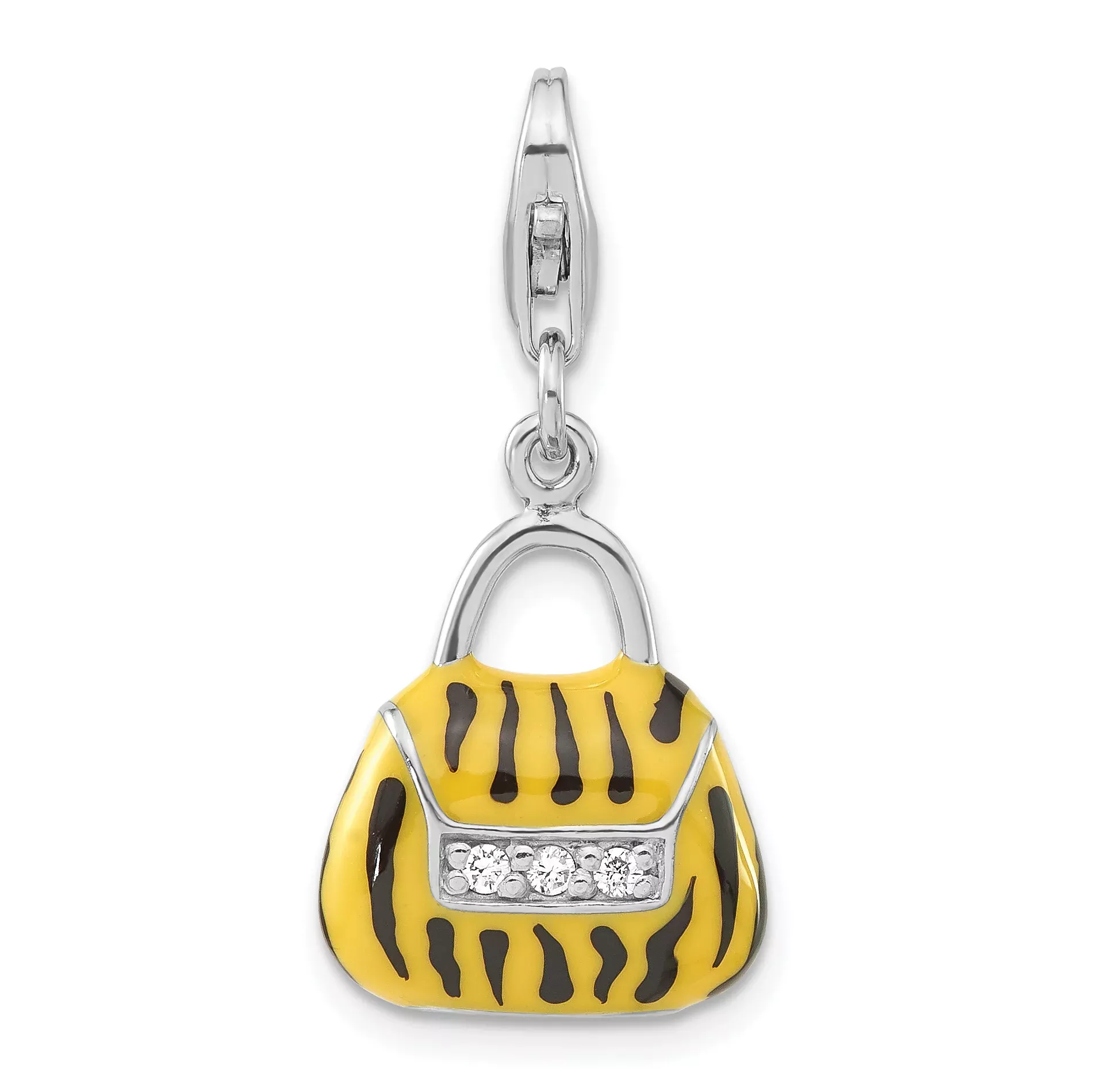 Sterling Silver Click-on CZ Enamel Tiger Purse Charm
