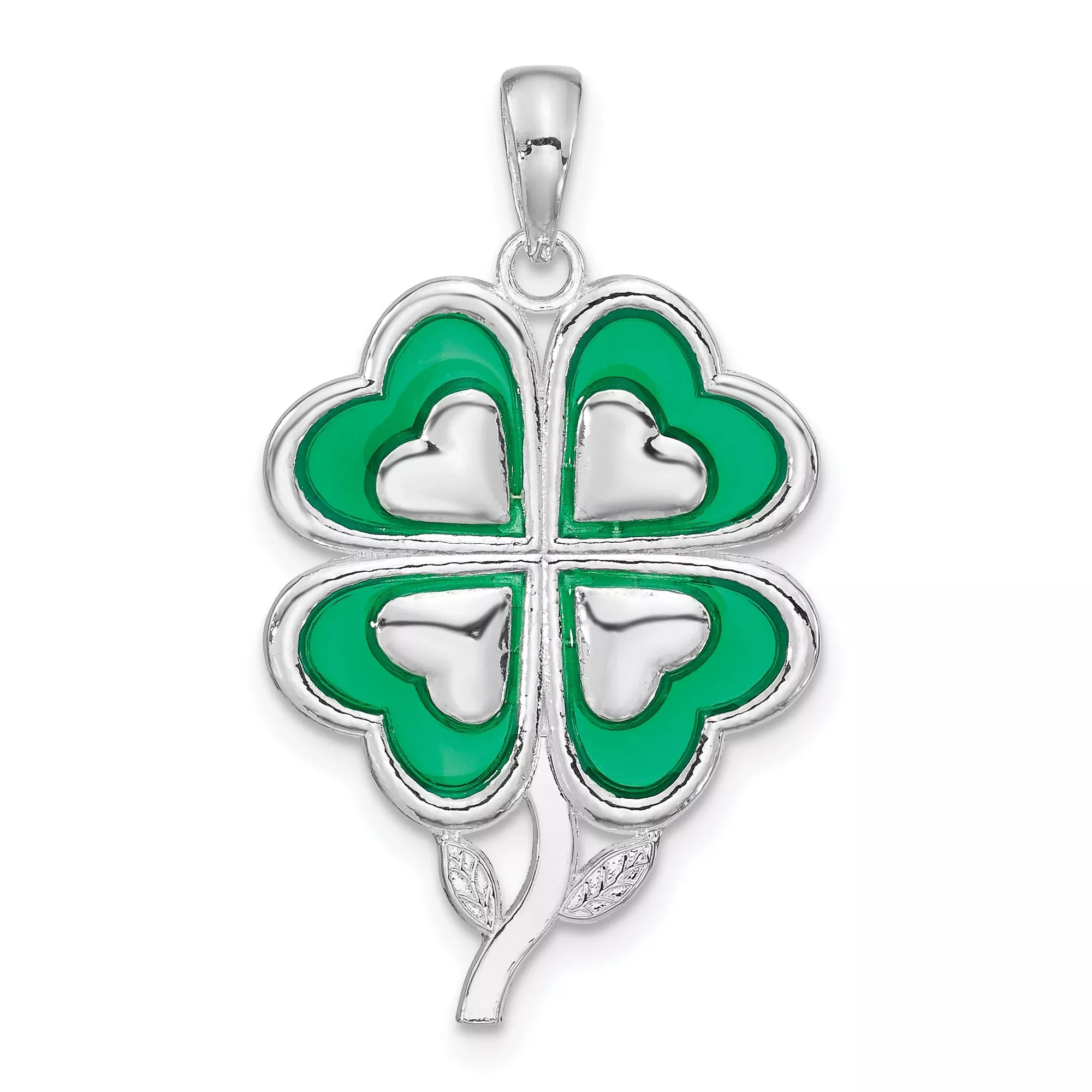 Sterling Silver Clover Pendant with Green Enamel Heart Leaves, Lucky Four Leaf Design