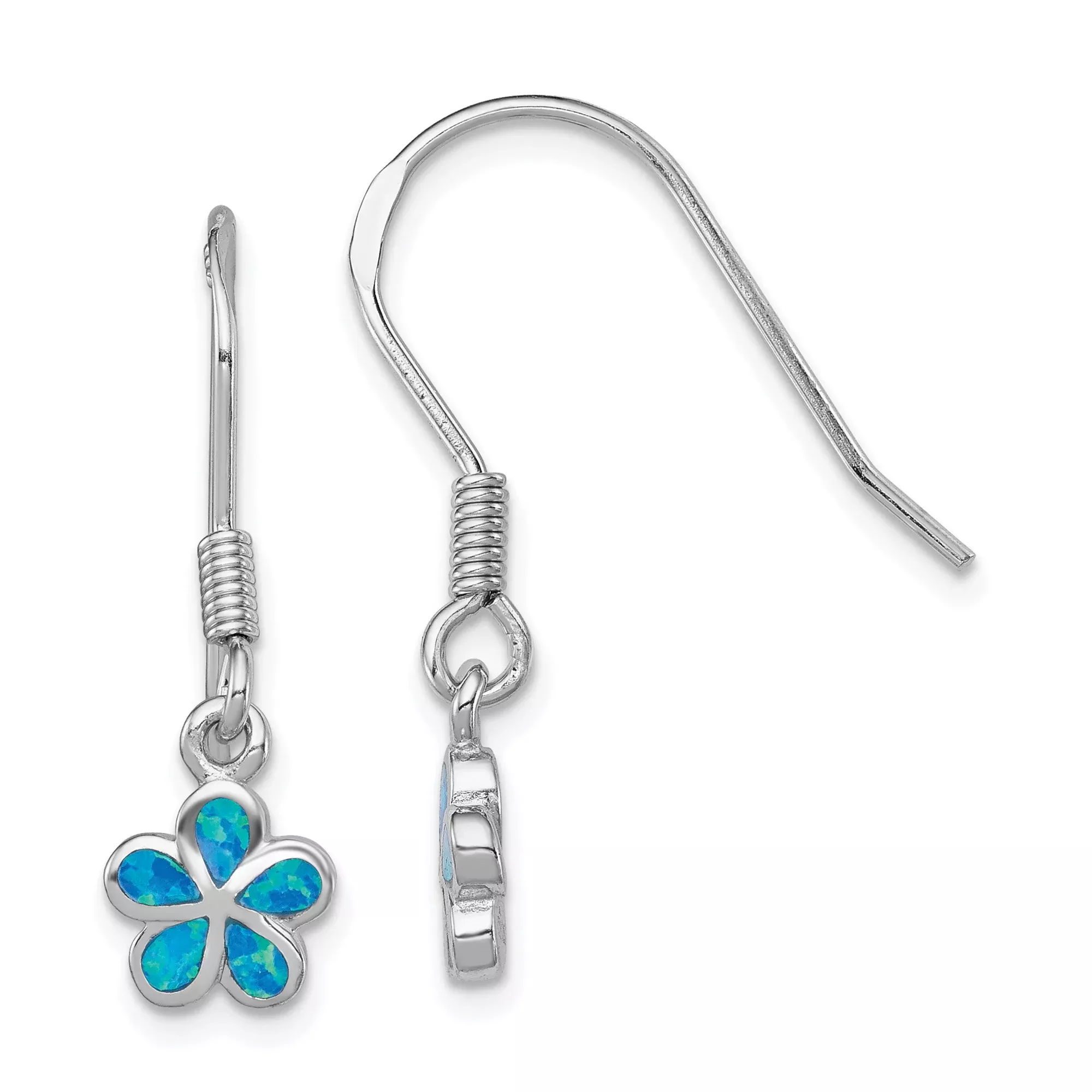 Sterling Silver Dangle Earrings with Created Blue Opal, Floral Design, Lightweight Hooks