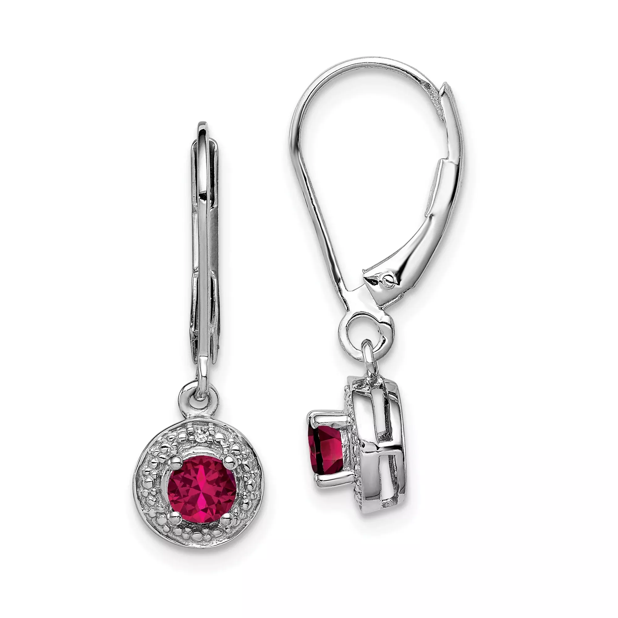 Sterling Silver Dangle Earrings with Created Ruby and Diamond Halo Leverback Design