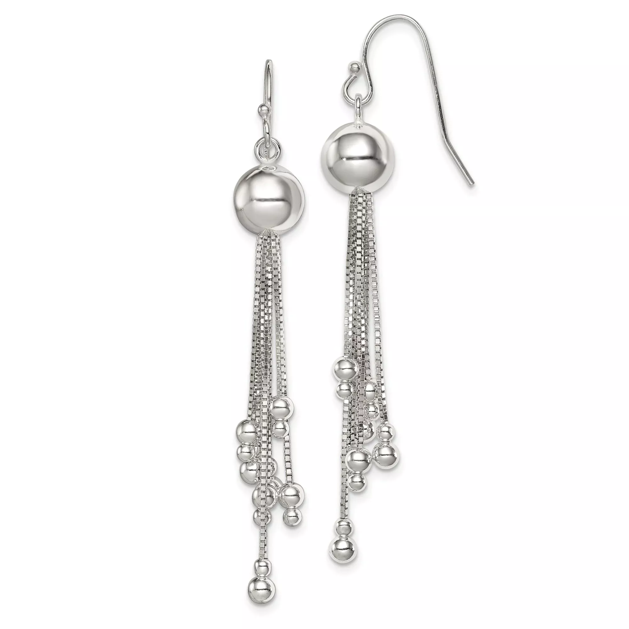 Sterling Silver Dangle Earrings with Polished Round Beads and Cascading Box Chains