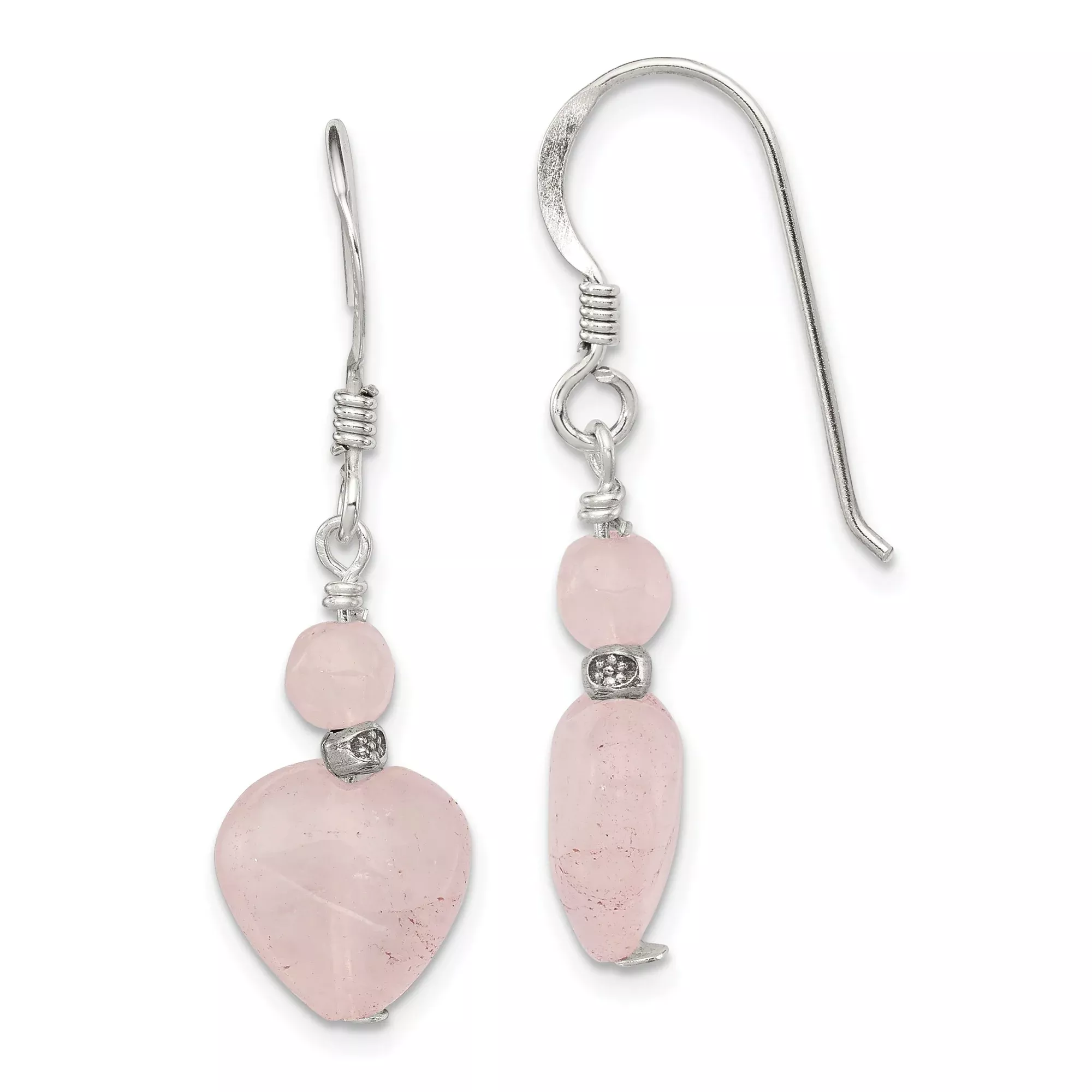 Sterling Silver Dangle Earrings with Rose Quartz Heart and Teardrop Beads, Boho Style