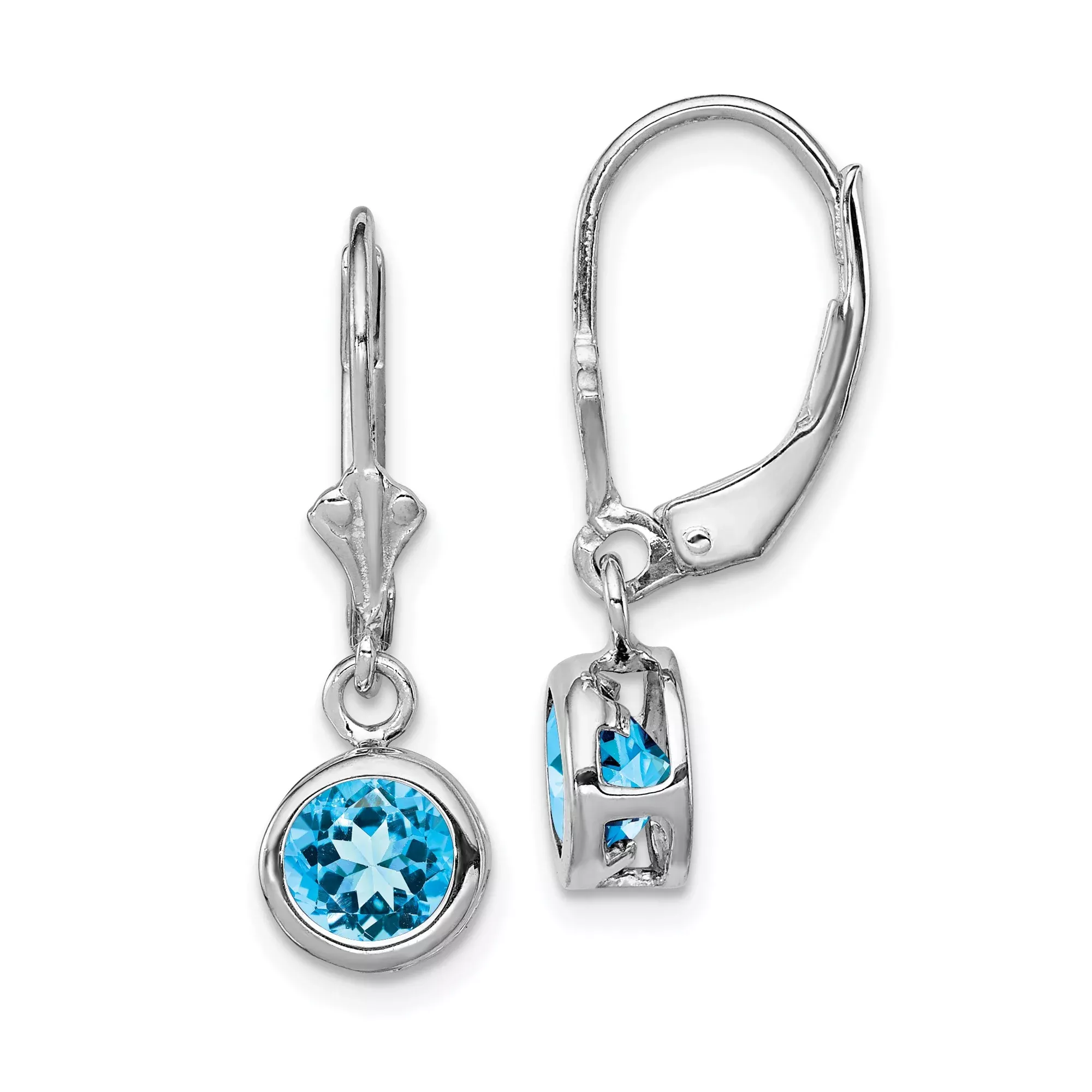 Sterling Silver Dangle Earrings with Round Swiss Blue Topaz, Bezel Set Leverback Design