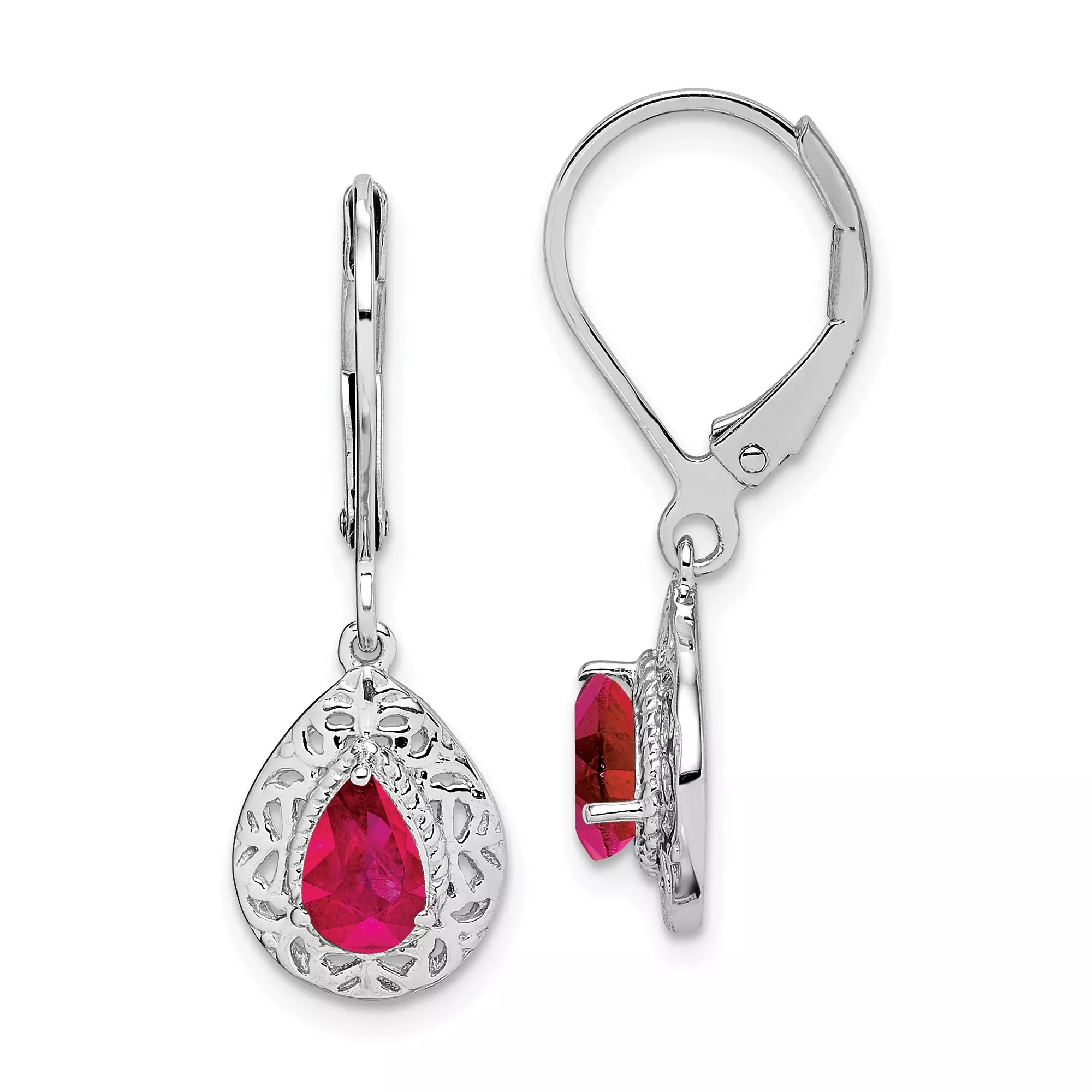 Sterling Silver Dangle Earrings with Ruby Teardrop Gemstones, Filigree Design, Leverback Closure