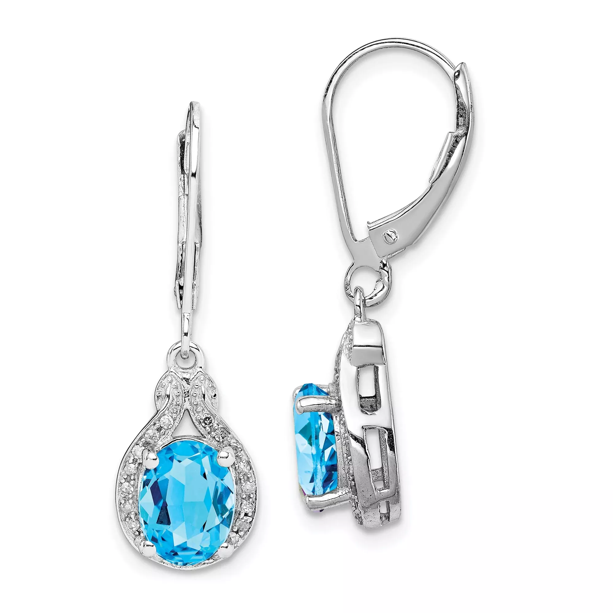 Sterling Silver Dangle Earrings with Swiss Blue Topaz and Diamond Accents, Teardrop Leverback Design