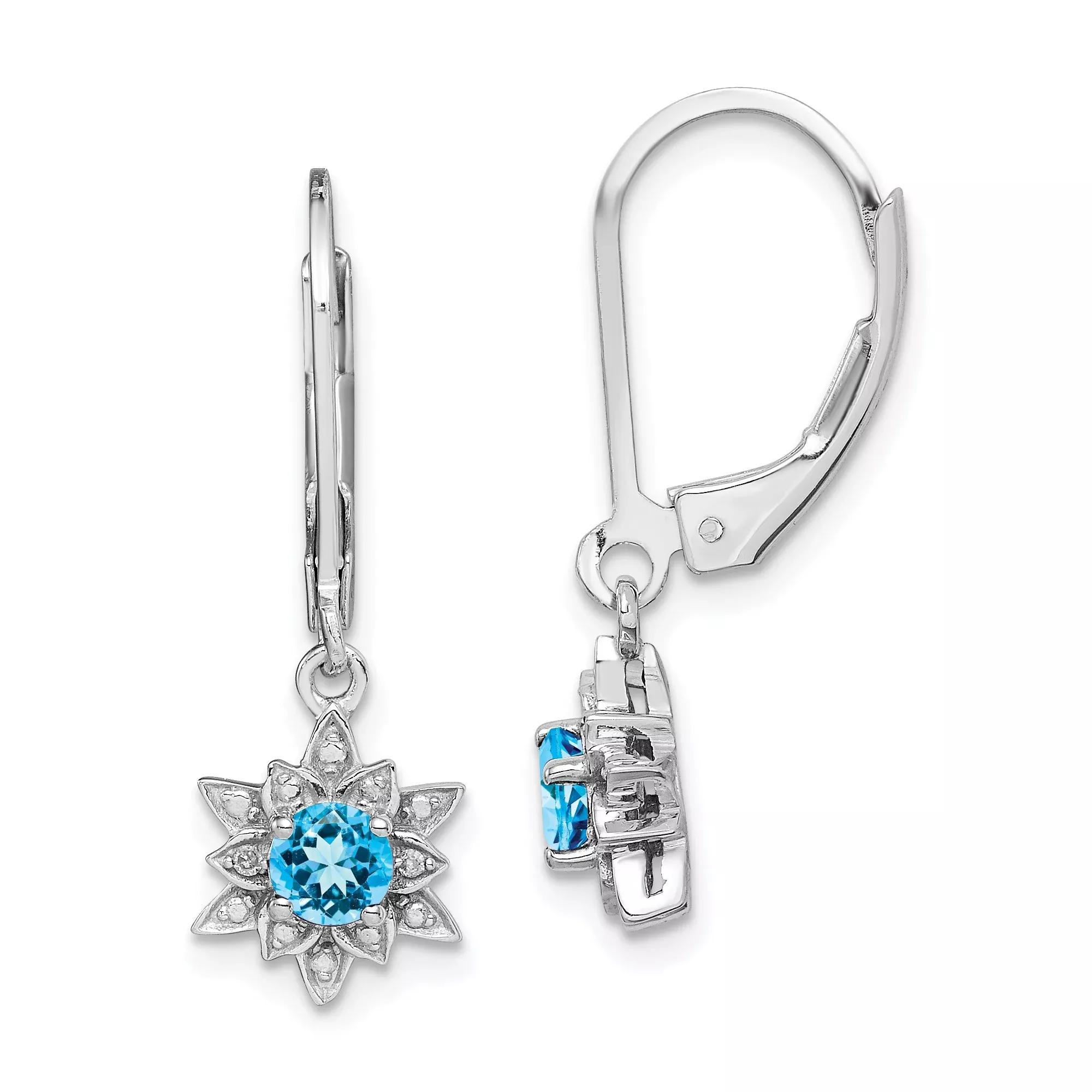 Sterling Silver Dangle Earrings with Swiss Blue Topaz and Diamond in Starburst Floral Design