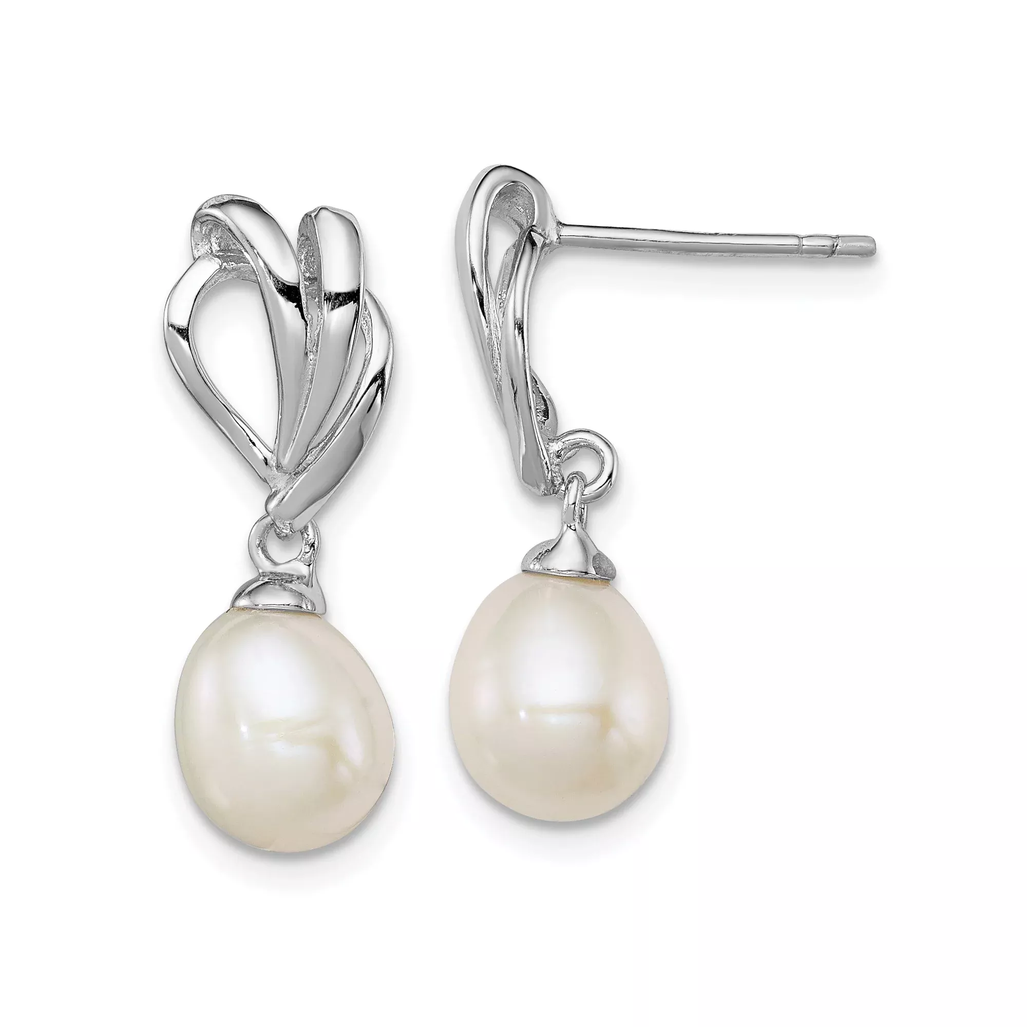 Sterling Silver Dangle Earrings with Twisted Heart Design and White Freshwater Cultured Pearl