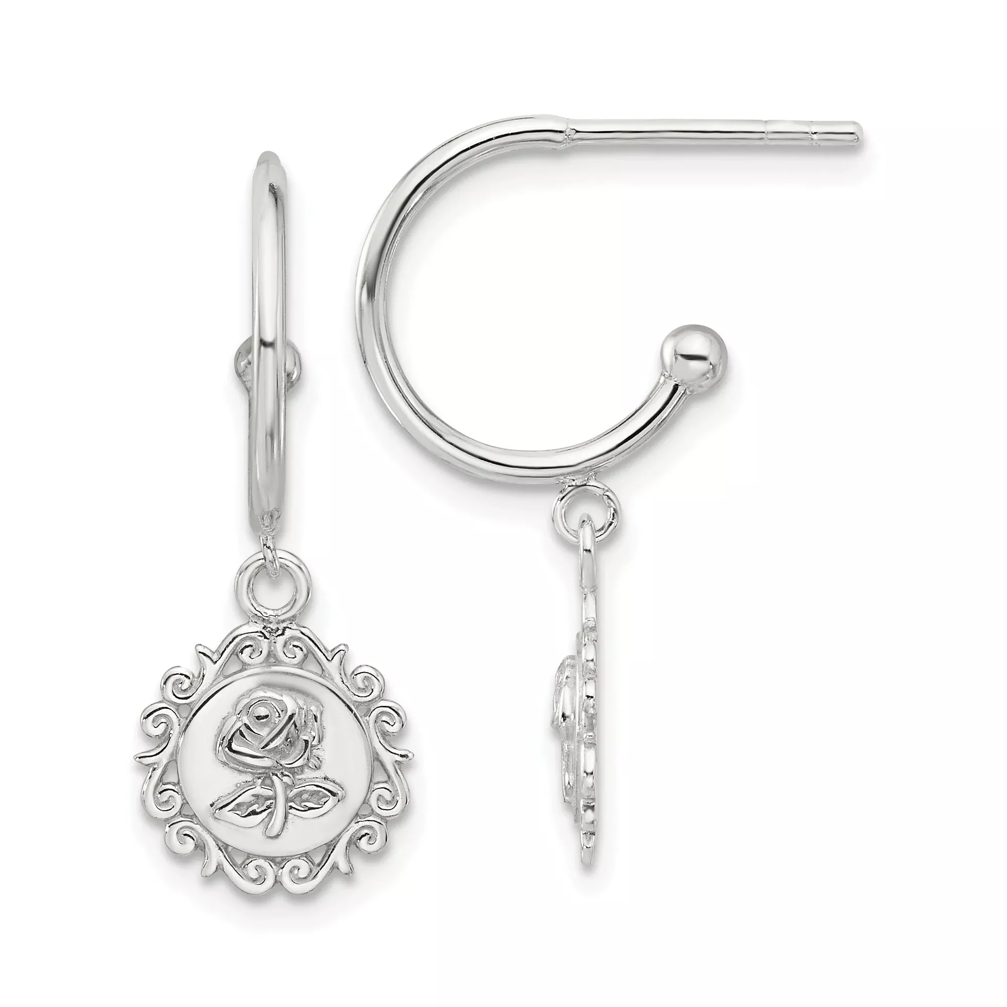 Sterling Silver Dangle Hoop Earrings with Round Rose Medallion and Scroll Floral Design