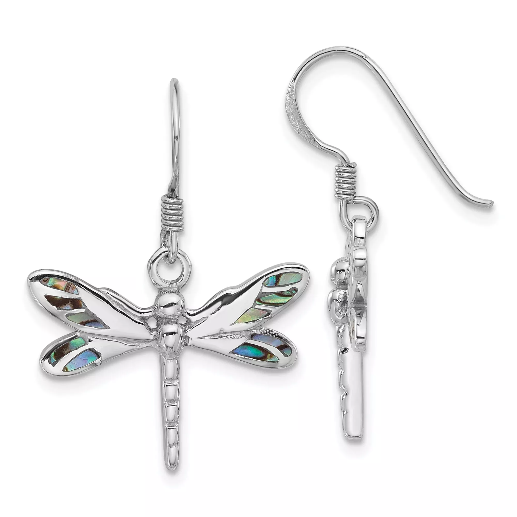 Sterling Silver Dragonfly Dangle Earrings with Abalone Shell Inlay, Nature Inspired Jewelry