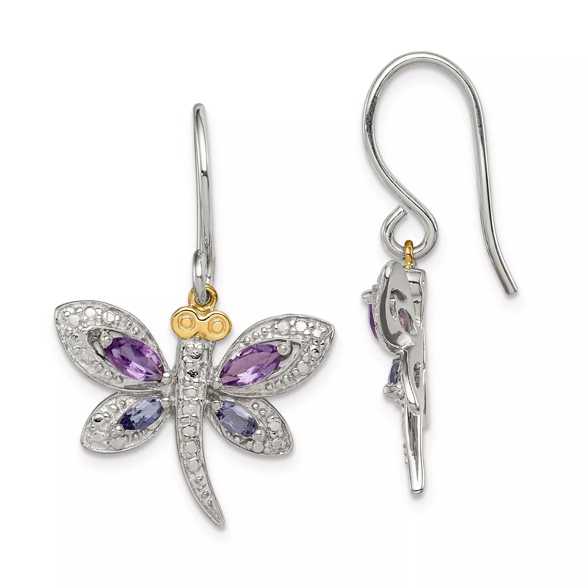 Sterling Silver Dragonfly Dangle Earrings with Amethyst and Diamond, Nature Theme, Yellow Gold Accents