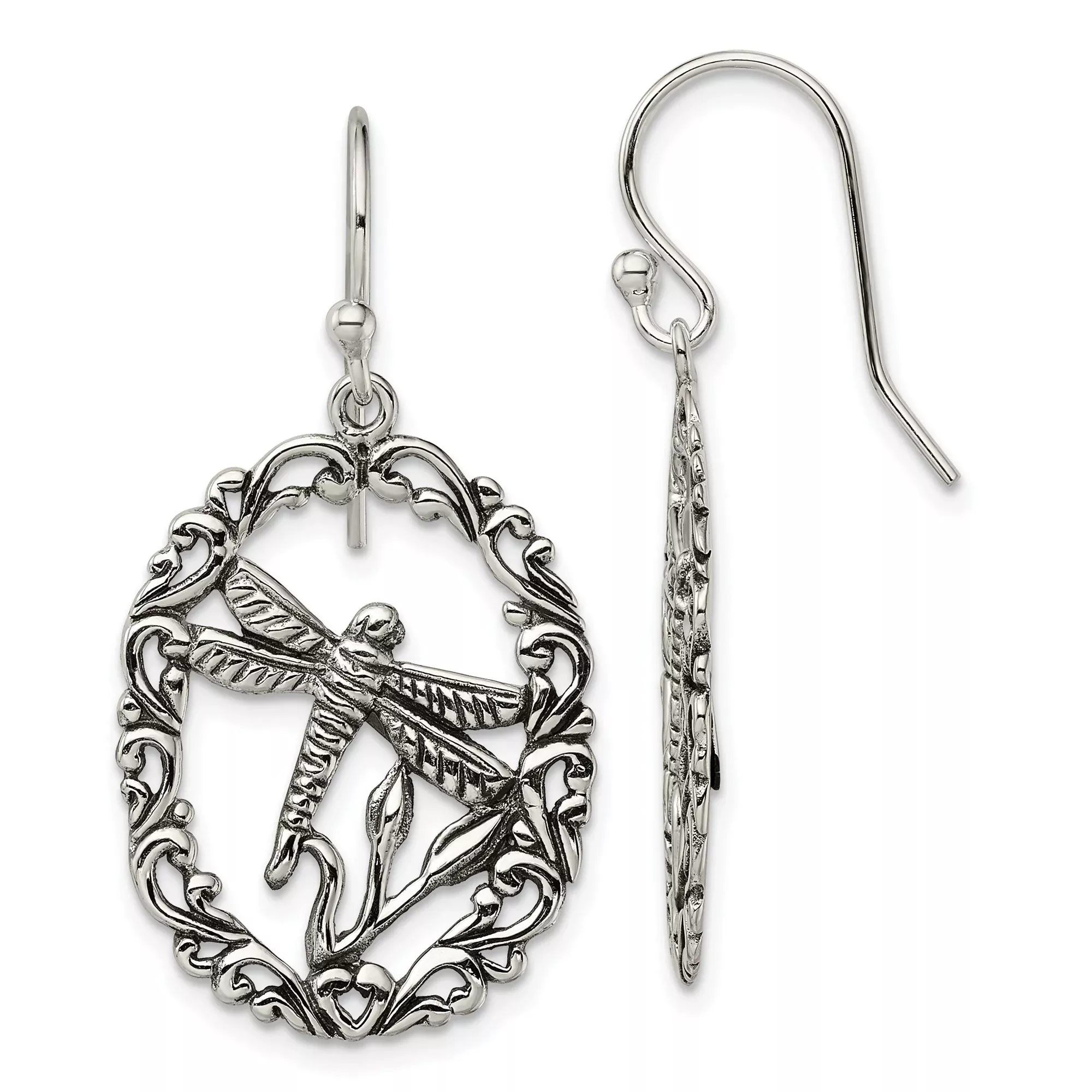 Sterling Silver Dragonfly Dangle Earrings with Ornate Oval Frame, Nature Inspired Boho Design