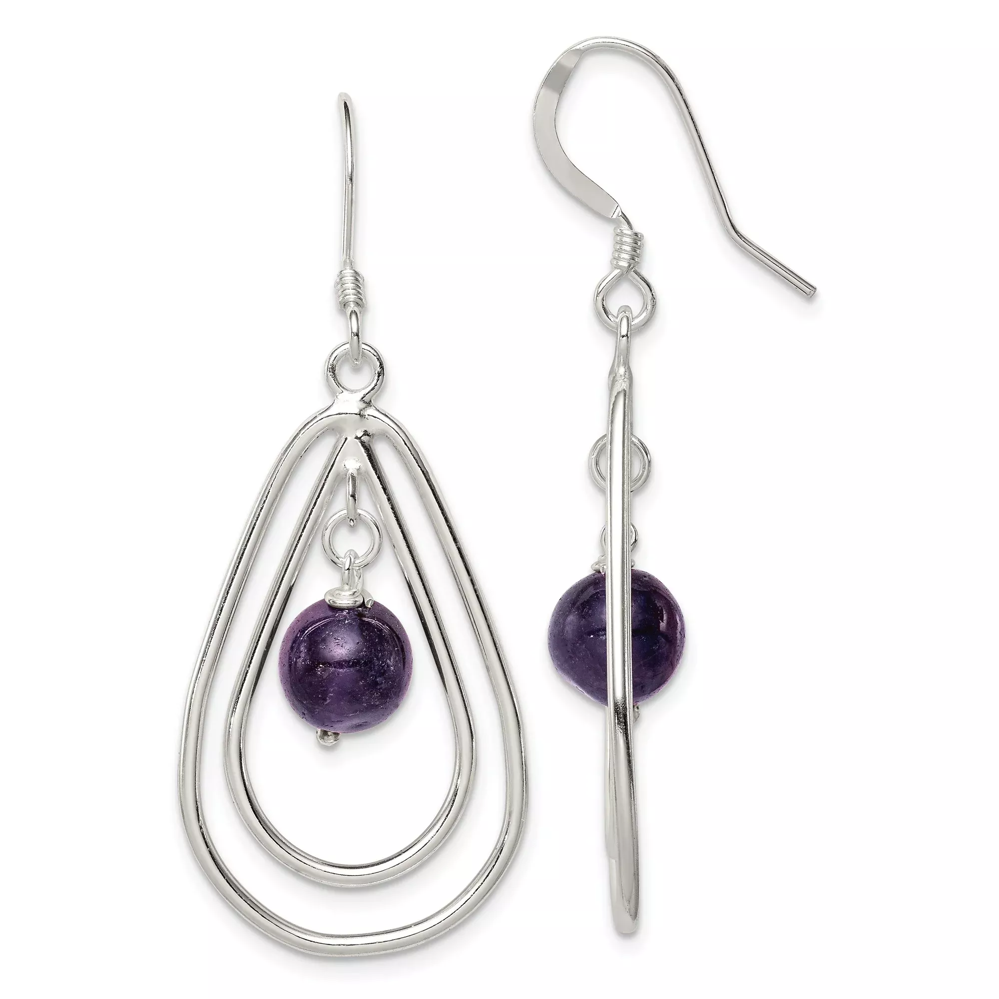 Sterling Silver Drop Earrings with Amethyst Bead, Double Teardrop Wire Design for Women