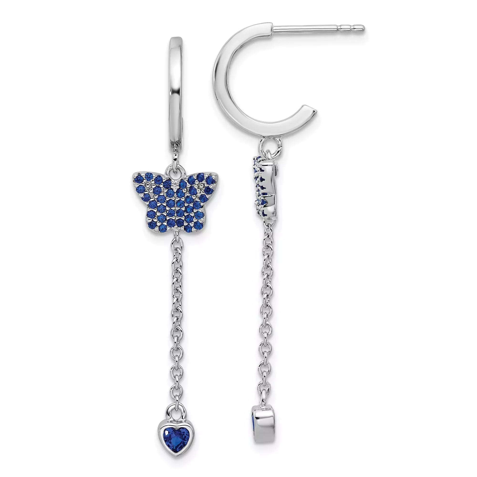 Sterling Silver Drop Earrings with Blue Cubic Zirconia, Butterfly and Heart Charms