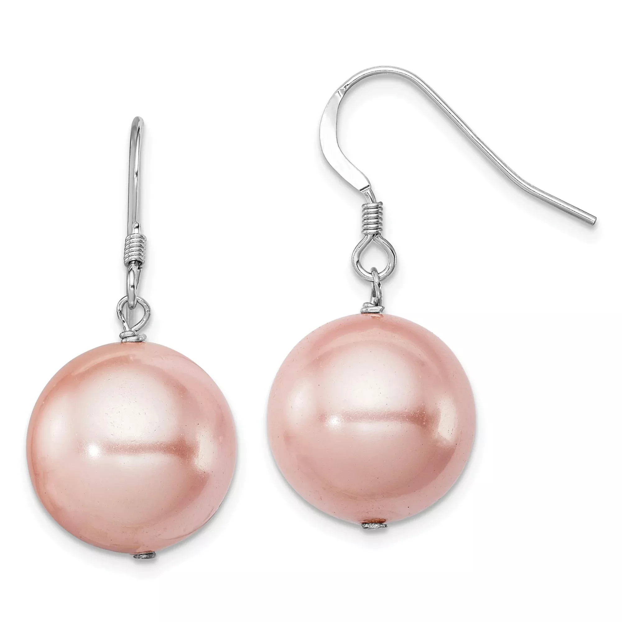 Sterling Silver Drop Earrings with Round Pink Shell Pearls, Classic Dangle Design for Women