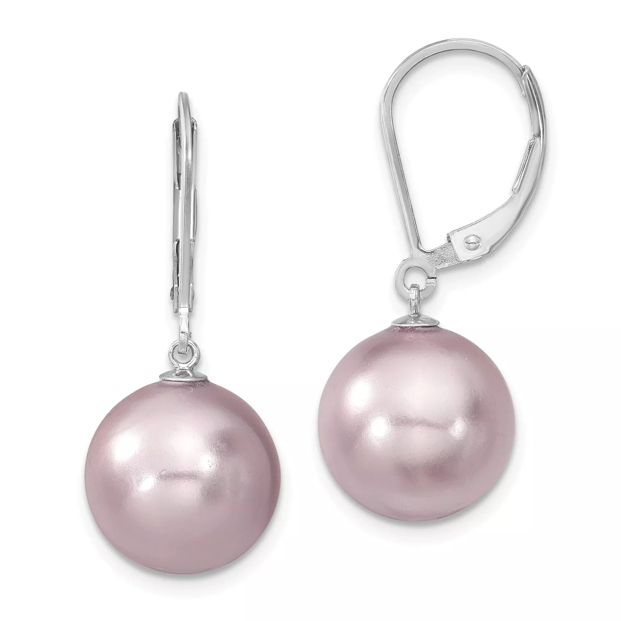 Sterling Silver Drop Earrings with Round Pink Shell Pearls, Leverback Design for Women