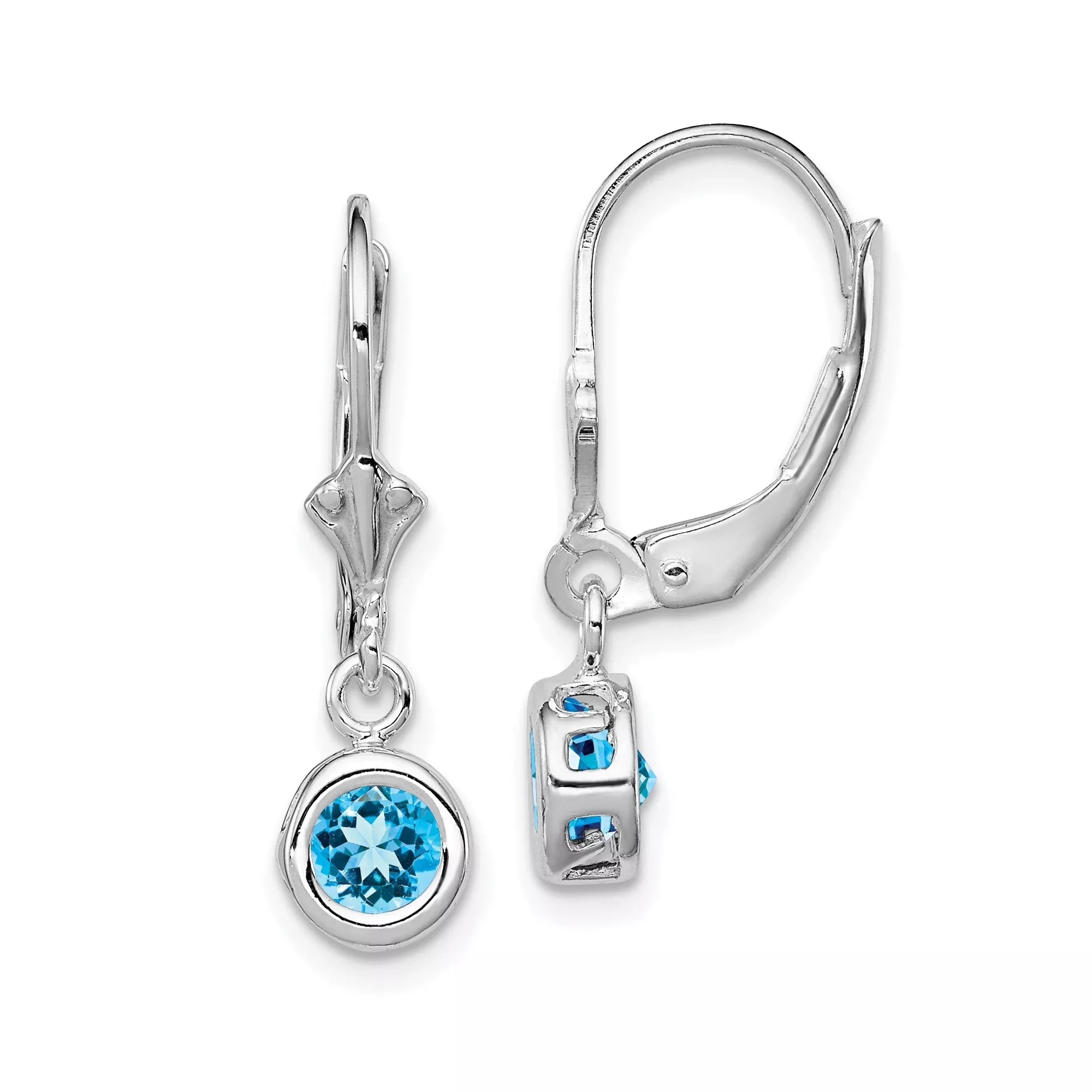 Sterling Silver Drop Earrings with Swiss Blue Topaz, Bezel Set, Leverback Closure