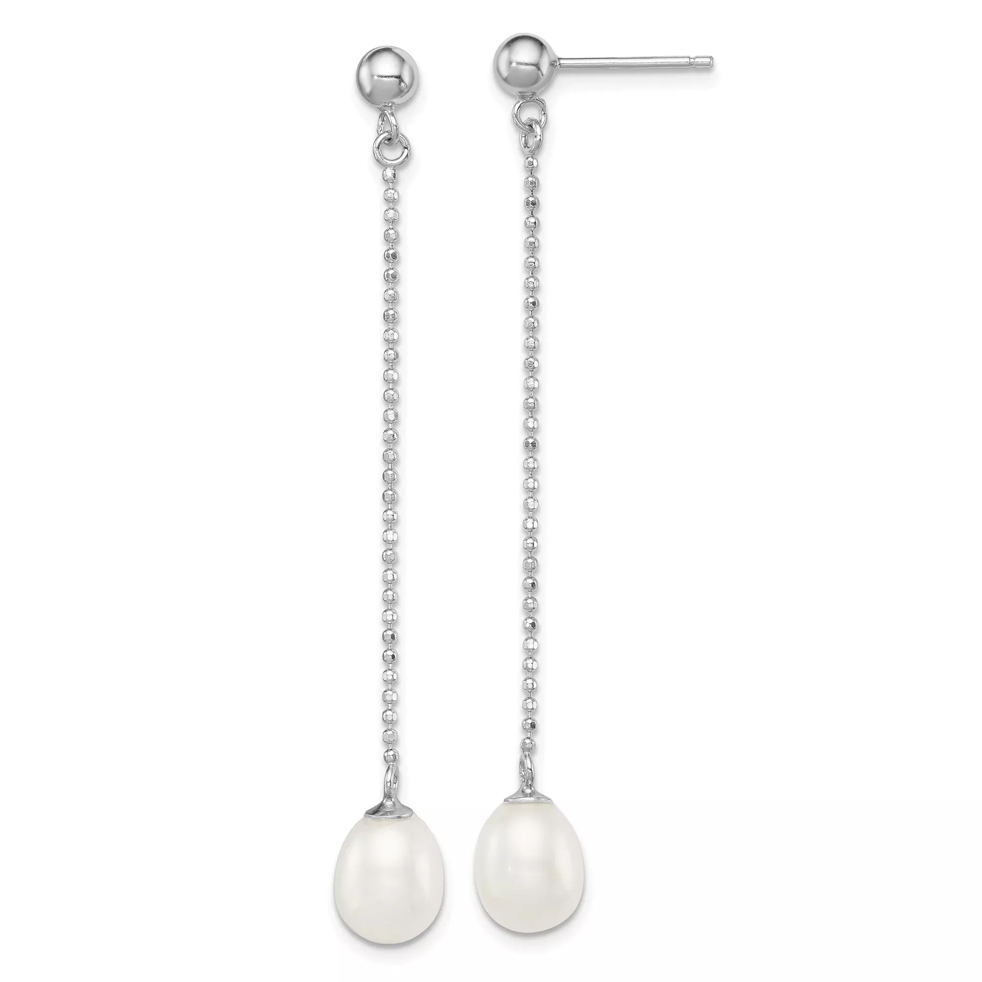Sterling Silver Drop Earrings with White Freshwater Pearls, Beaded Chains, Teardrop Dangle Design