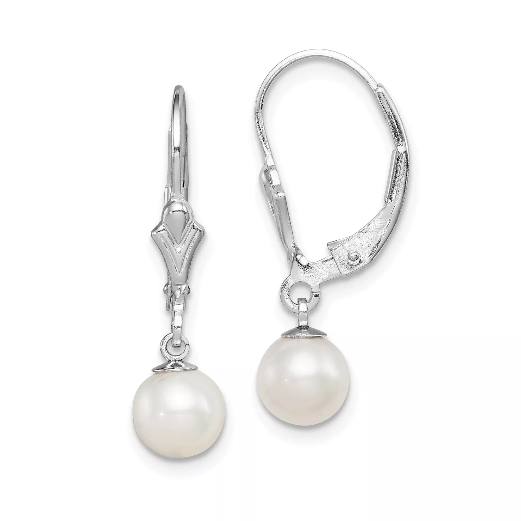 Sterling Silver Drop Earrings with White Freshwater Pearls, Leverback, Long Dangle Design