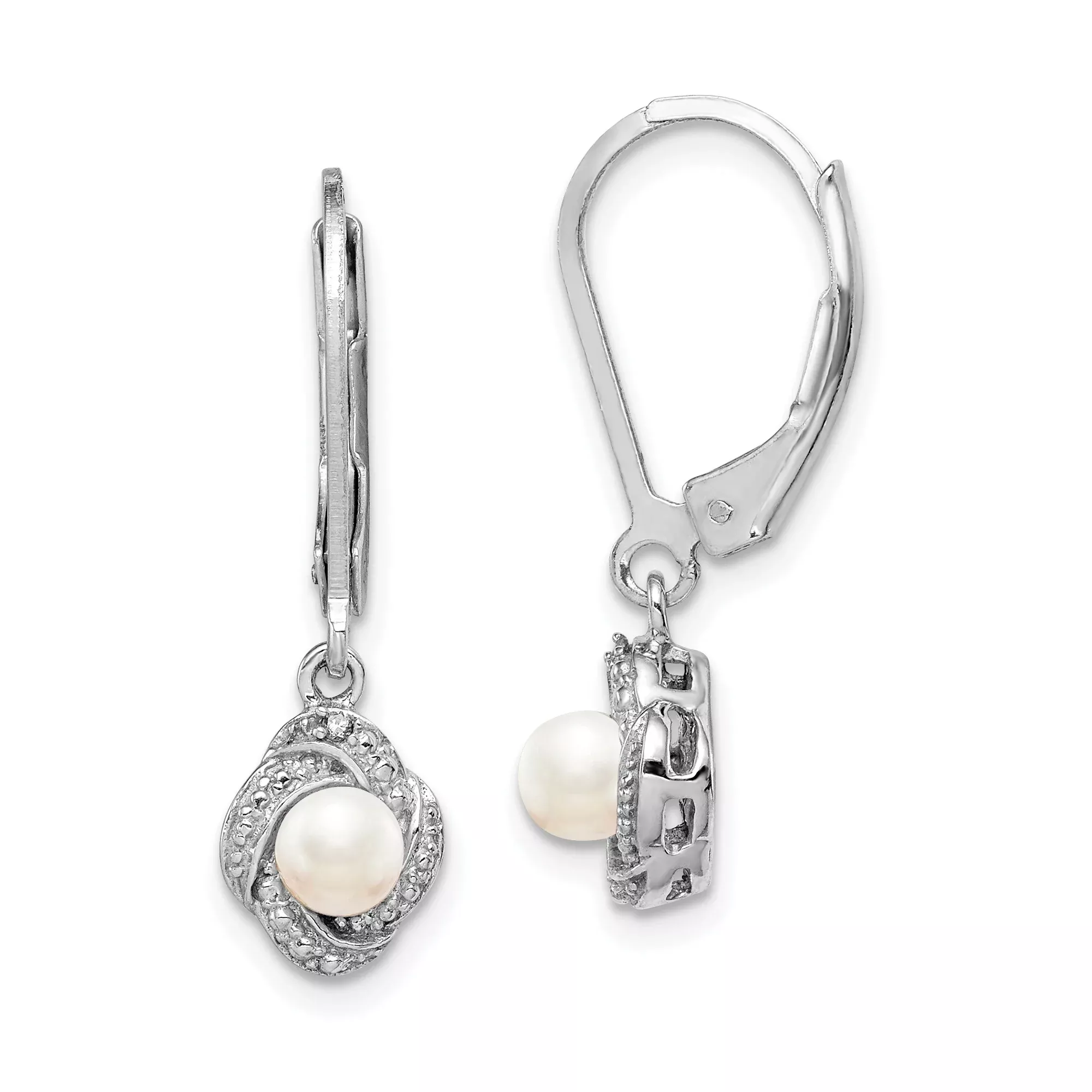 Sterling Silver Drop Earrings with White Pearl and Twisted Diamonds Loop