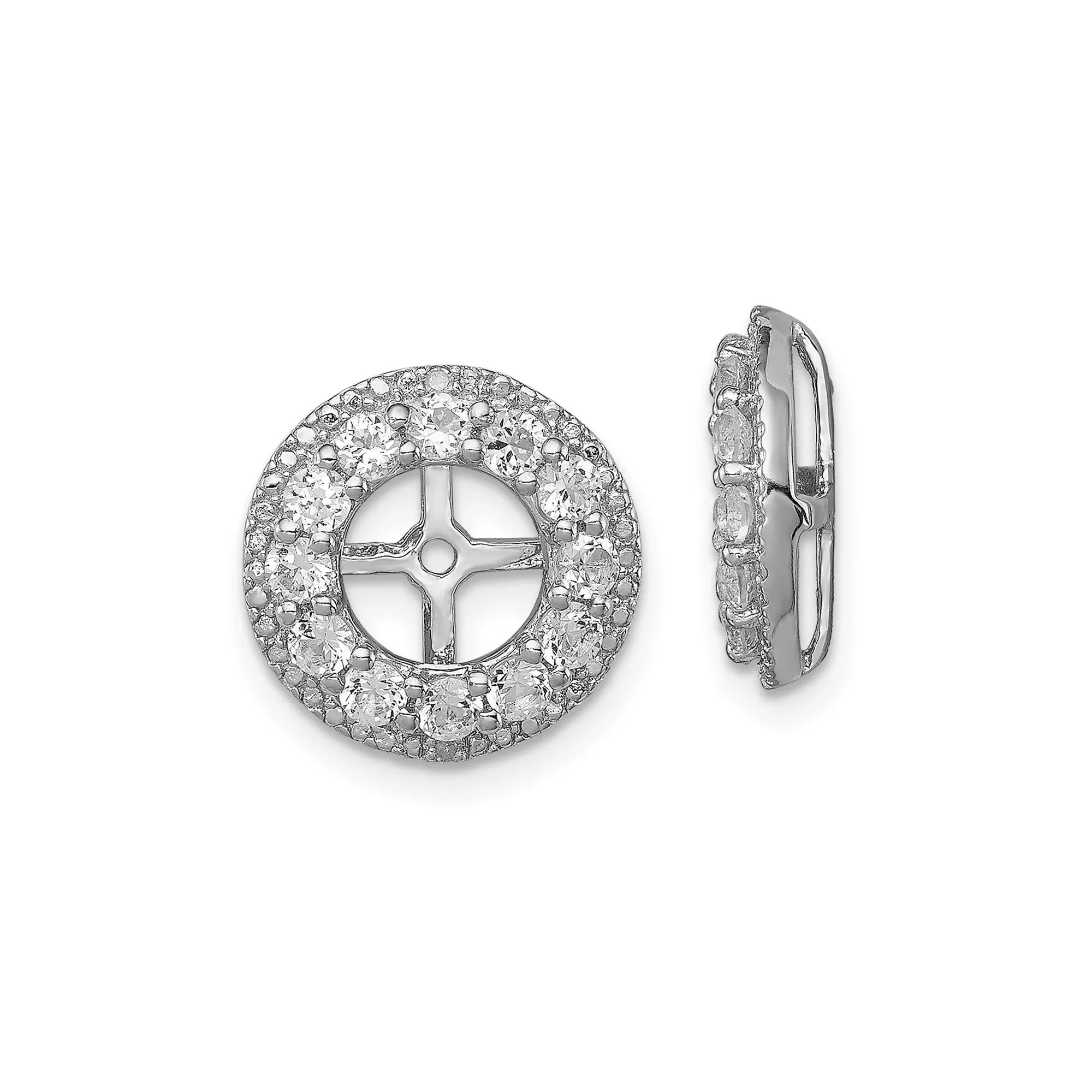 Sterling Silver Earring Jackets with White Topaz and Diamond, Halo Circle Design with Cross Cutout