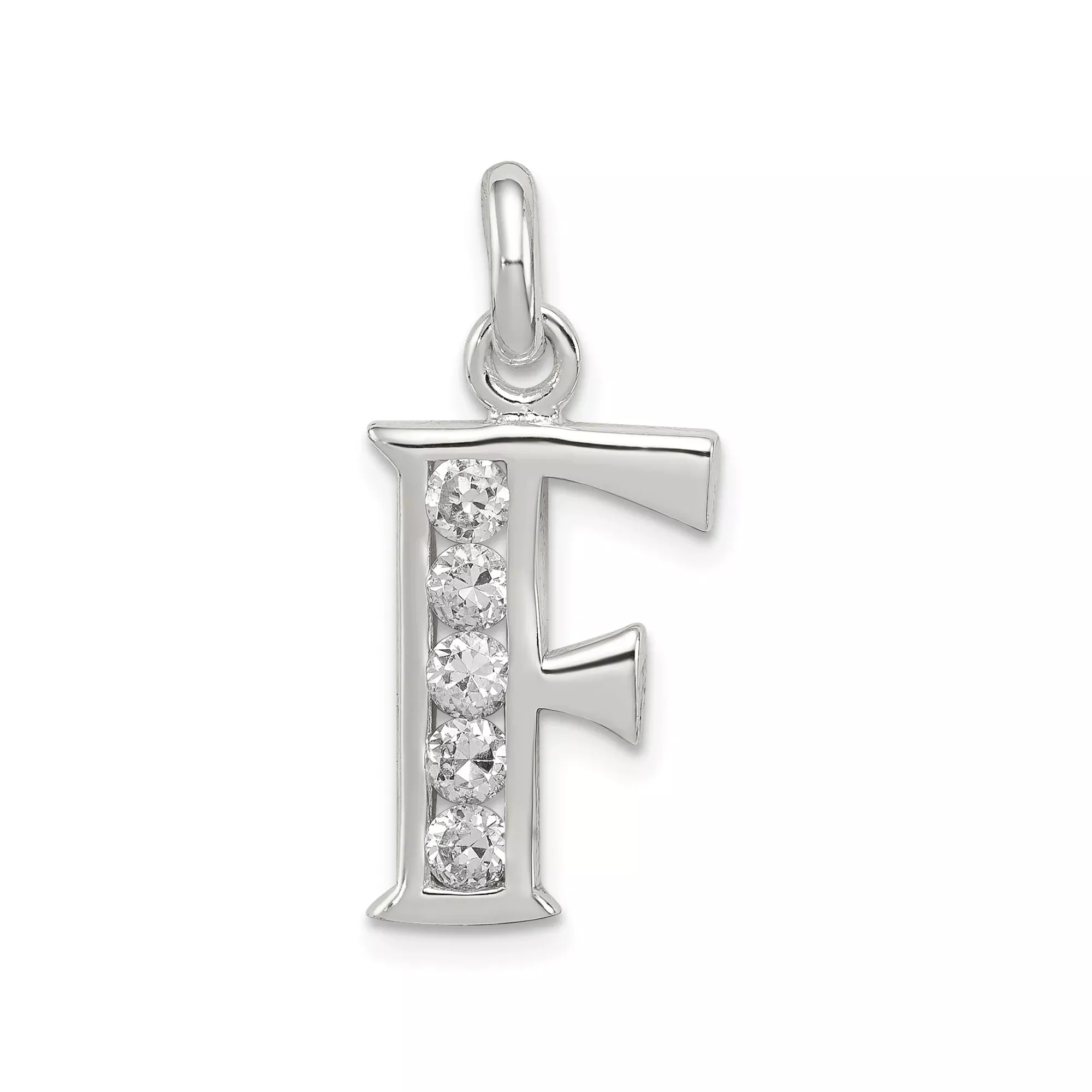 Sterling Silver F Initial Pendant with Cubic Zirconia, Letter Charm, Dainty Polished Design