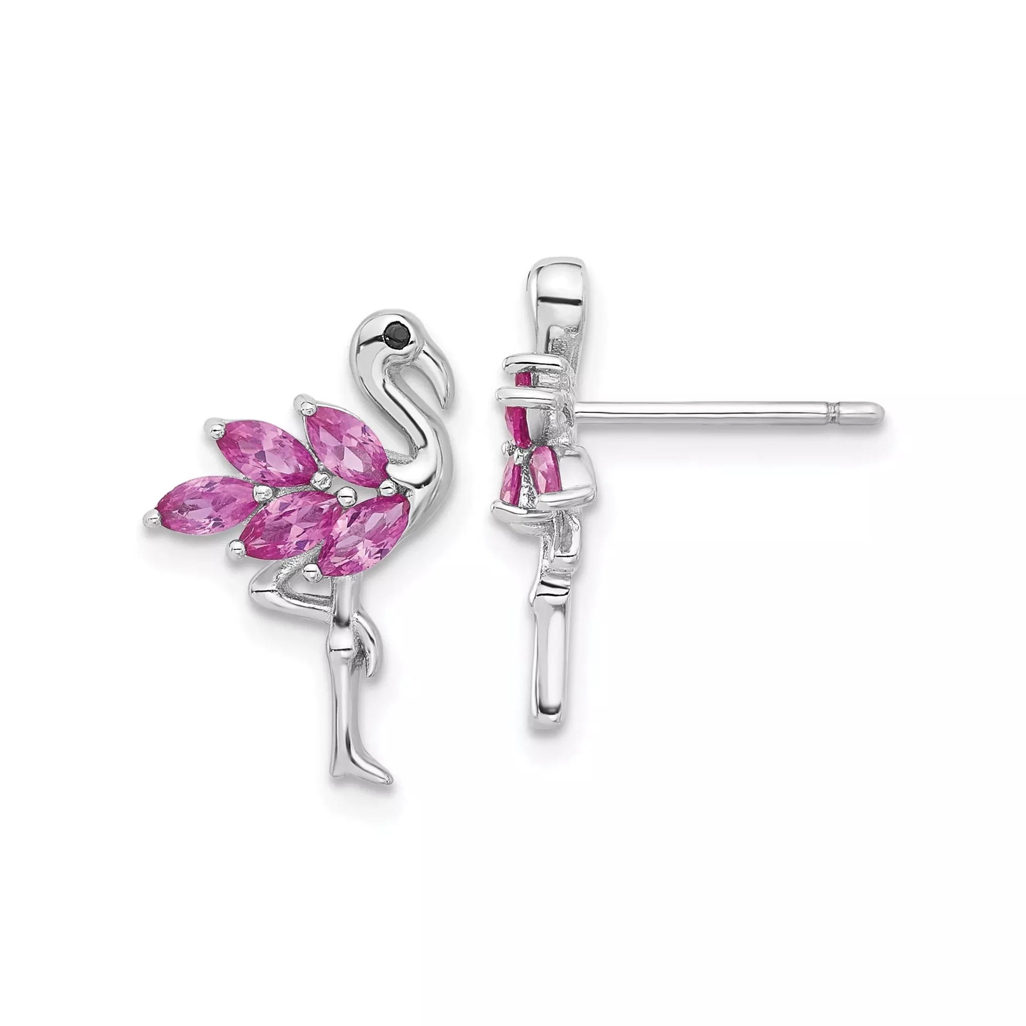 Sterling Silver Flamingo Stud Earrings with Marquise-Cut Pink Crystals and Black Stone Eye