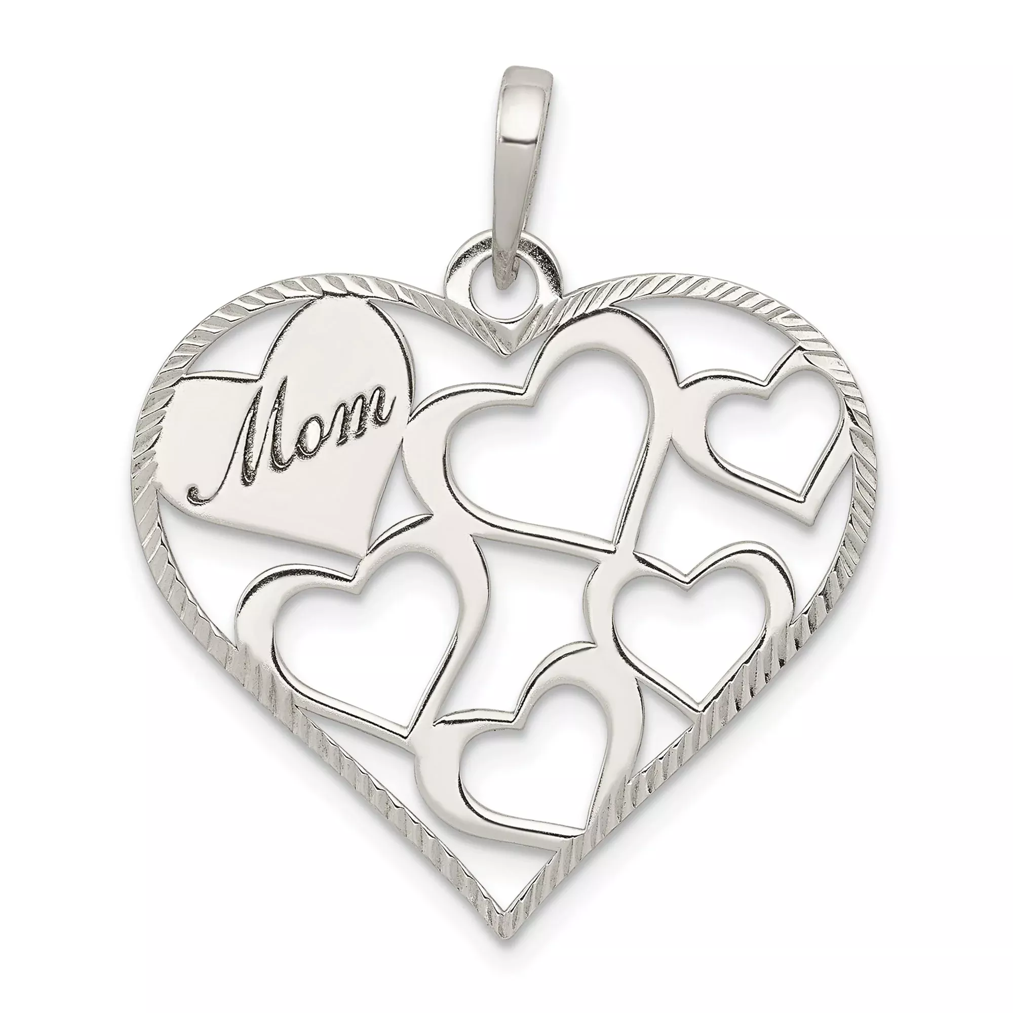 Sterling Silver Heart Pendant with Openwork Hearts and Mom Design for Women