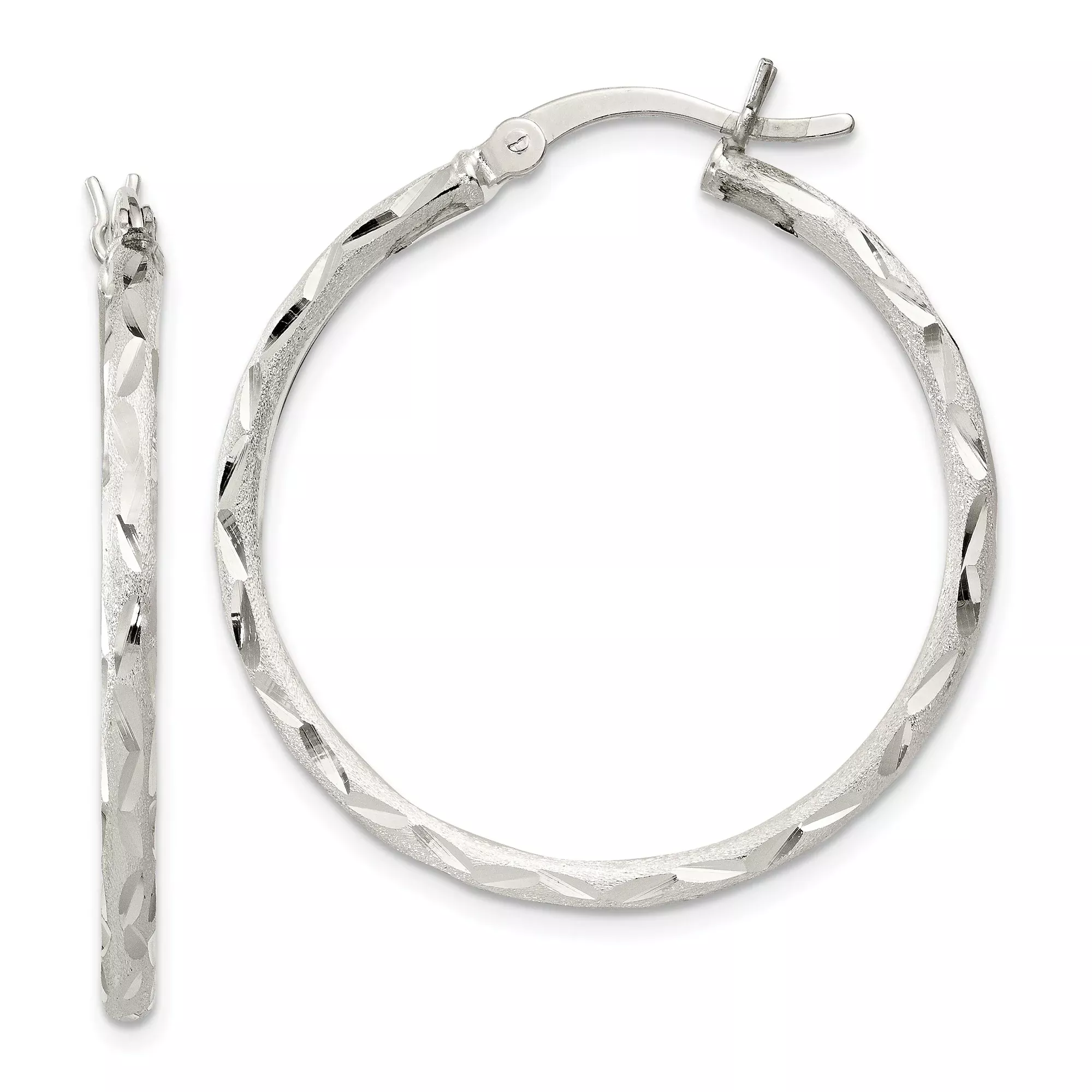 Sterling Silver Hoop Earrings, Diamond-Cut Textured Polished Finish, Lightweight Round Design