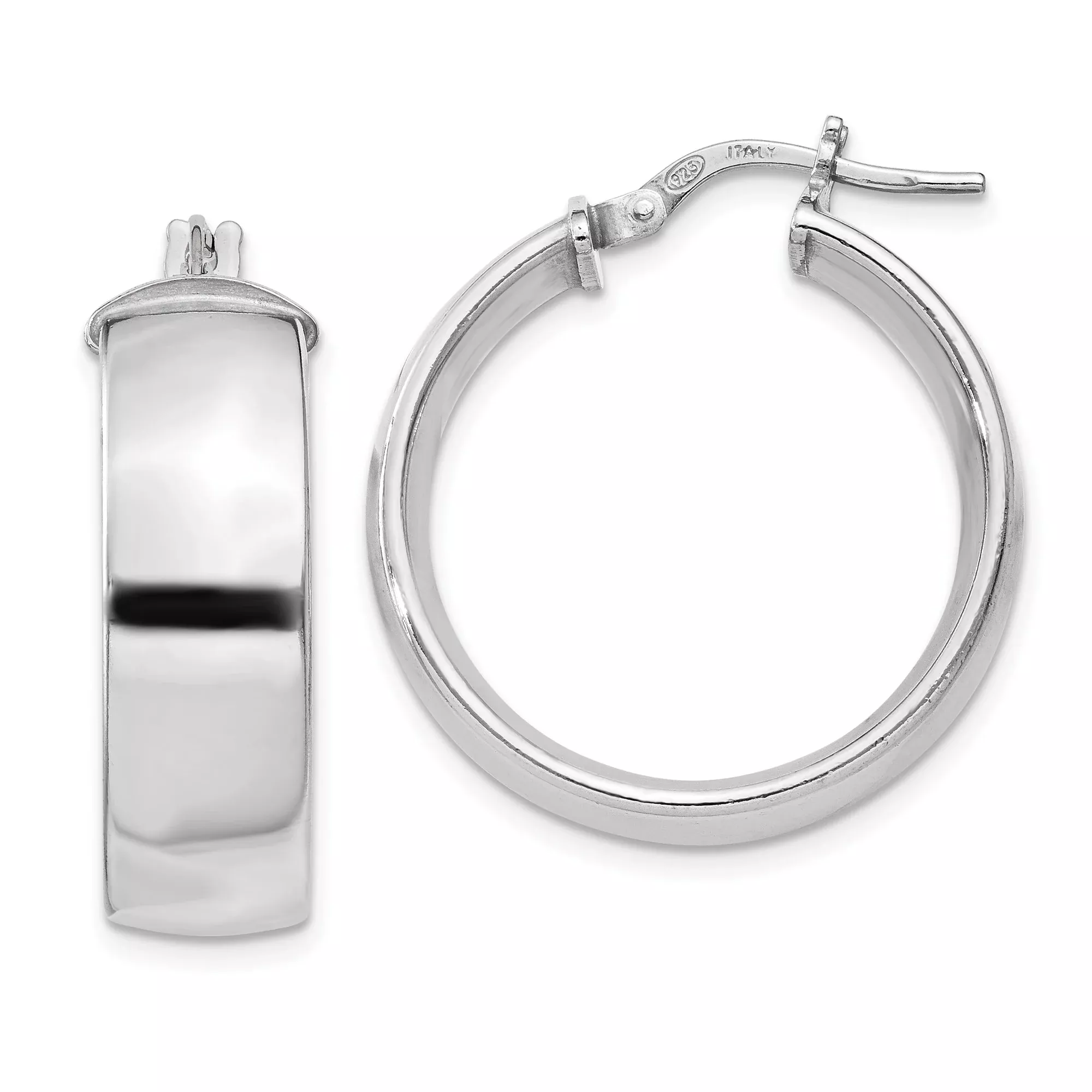 Sterling Silver Hoop Earrings, Wide Polished Hoops with Latch Back Closure for Women