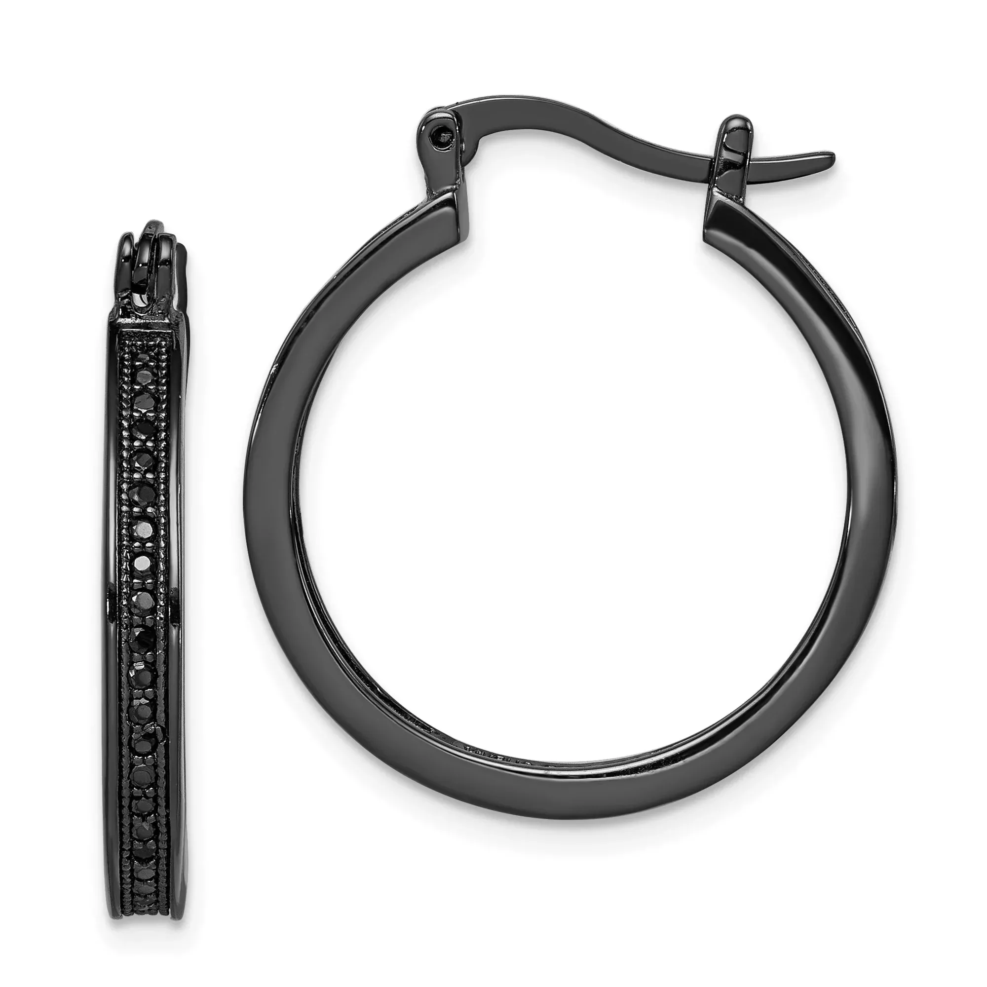 Sterling Silver Hoop Earrings with Black Cubic Zirconia, Polished Minimalist Design