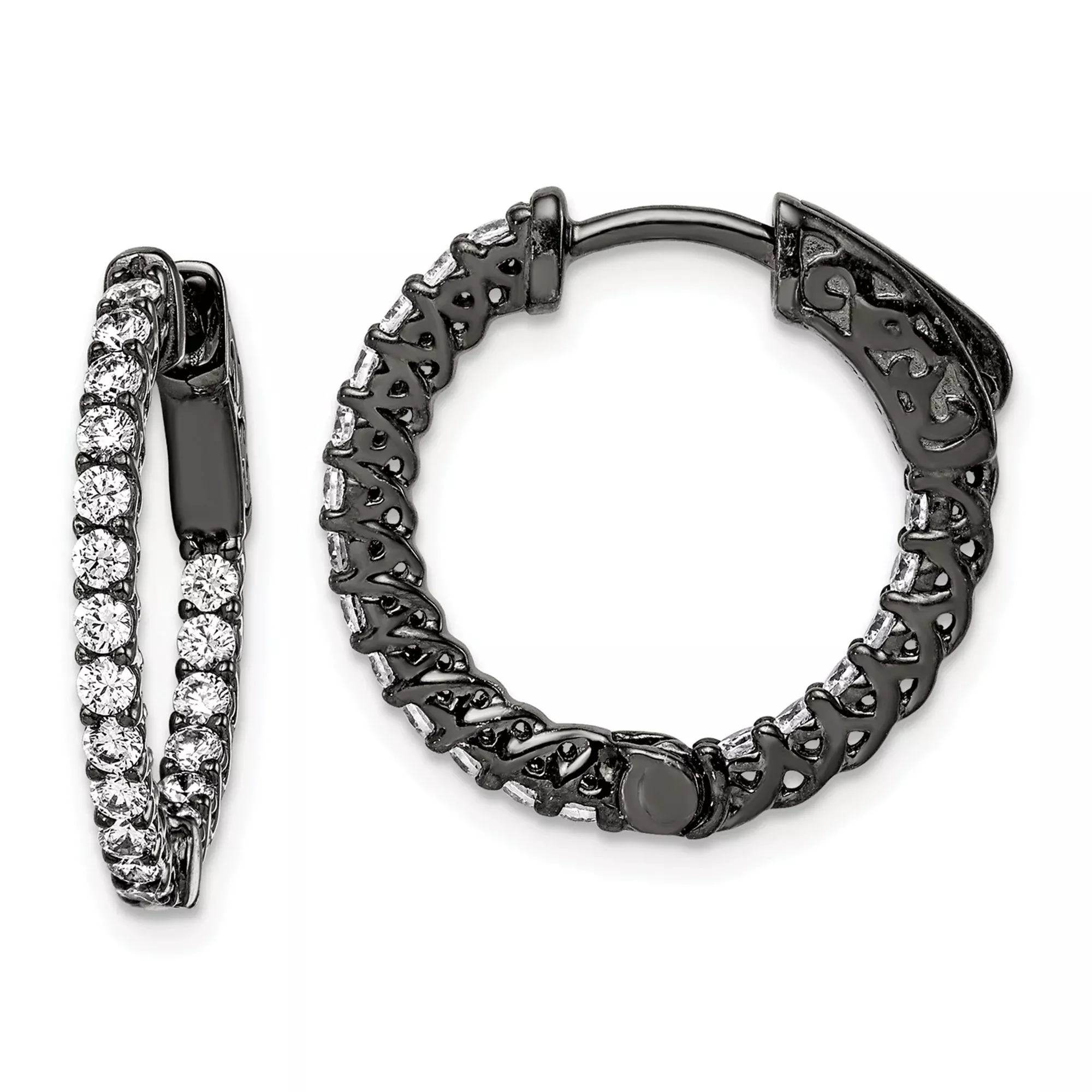 Sterling Silver Hoop Earrings with Cubic Zirconia, Black Plated, Scrollwork Back, Modern Dangle Style
