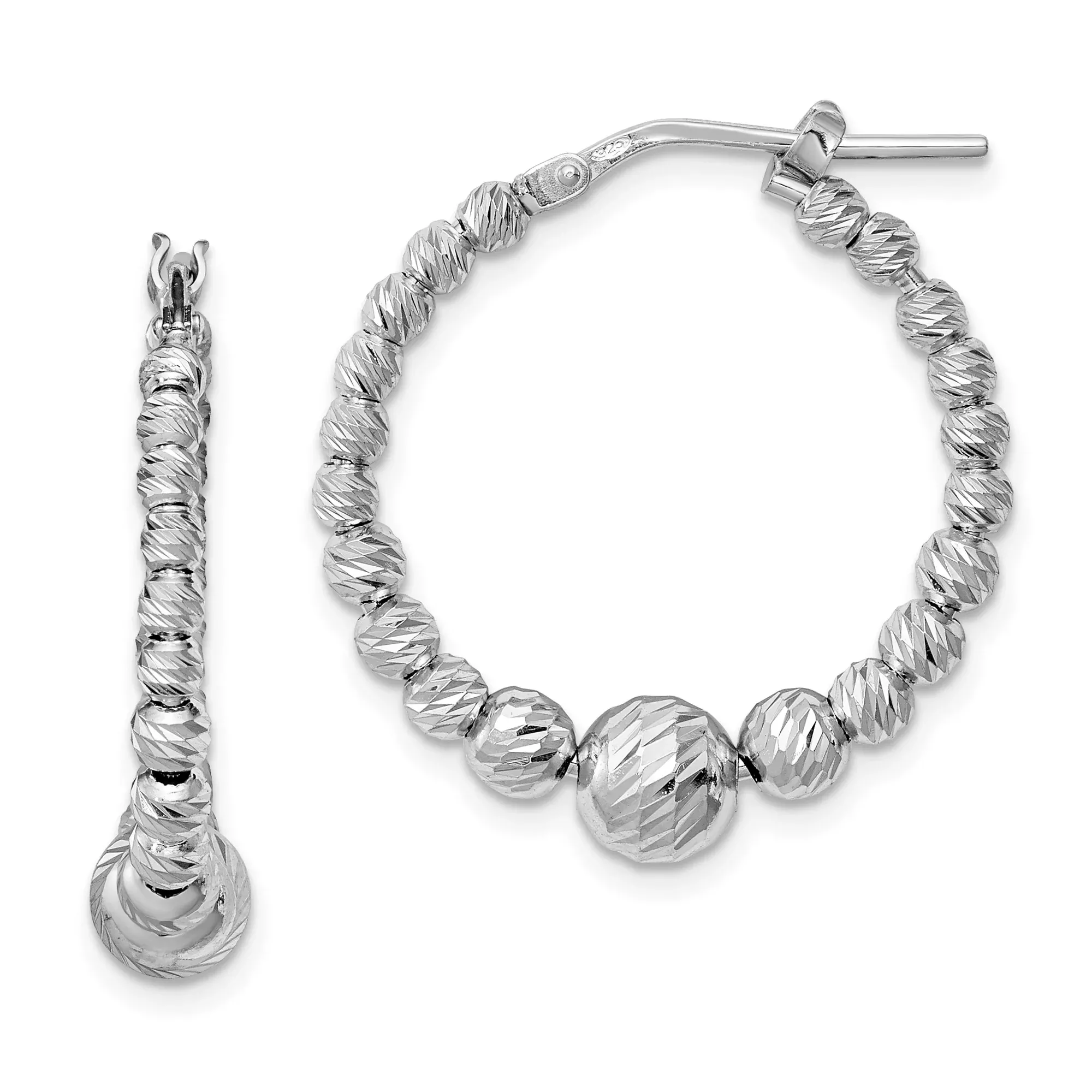Sterling Silver Hoop Earrings with Diamond Cut Beaded Design, High Polish Finish, Lightweight Style