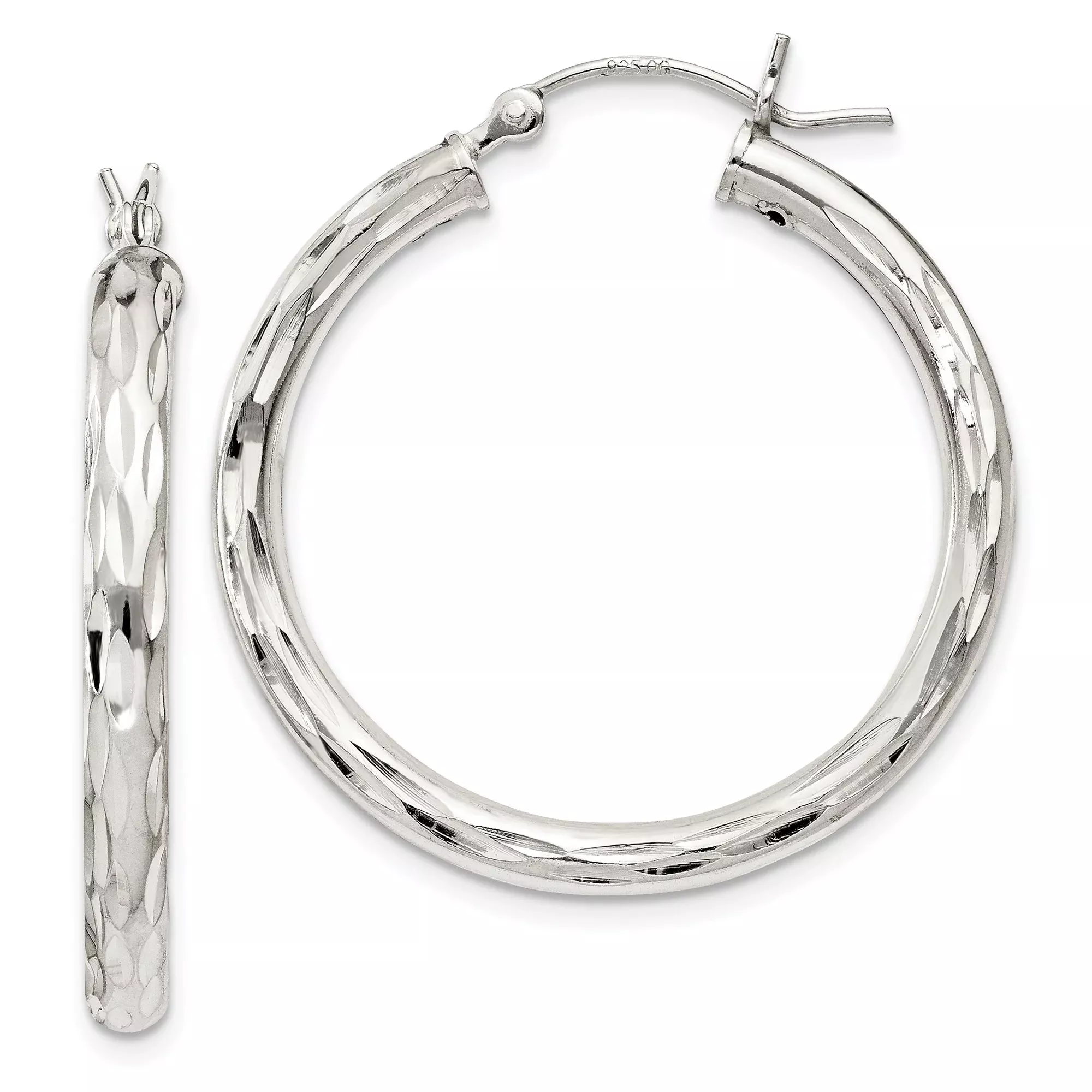 Sterling Silver Hoop Earrings with Diamond Cut and Textured Polished Finish for Women